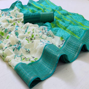 White-Teal Blue Festive Wear Floral Printed Woven Border Cotton Saree - Peachmode