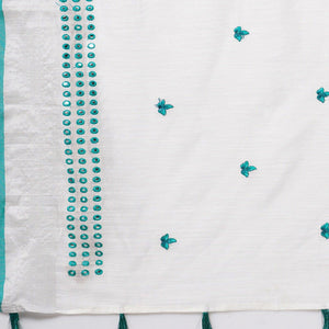 White - Turquoise Casual Wear Embroidered Linen Saree With Tassels - Peachmode