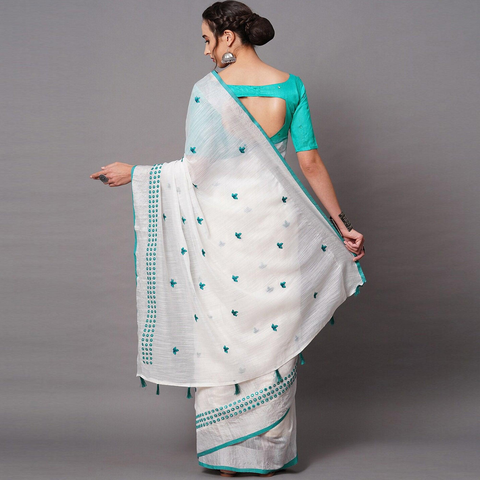 White - Turquoise Casual Wear Embroidered Linen Saree With Tassels - Peachmode
