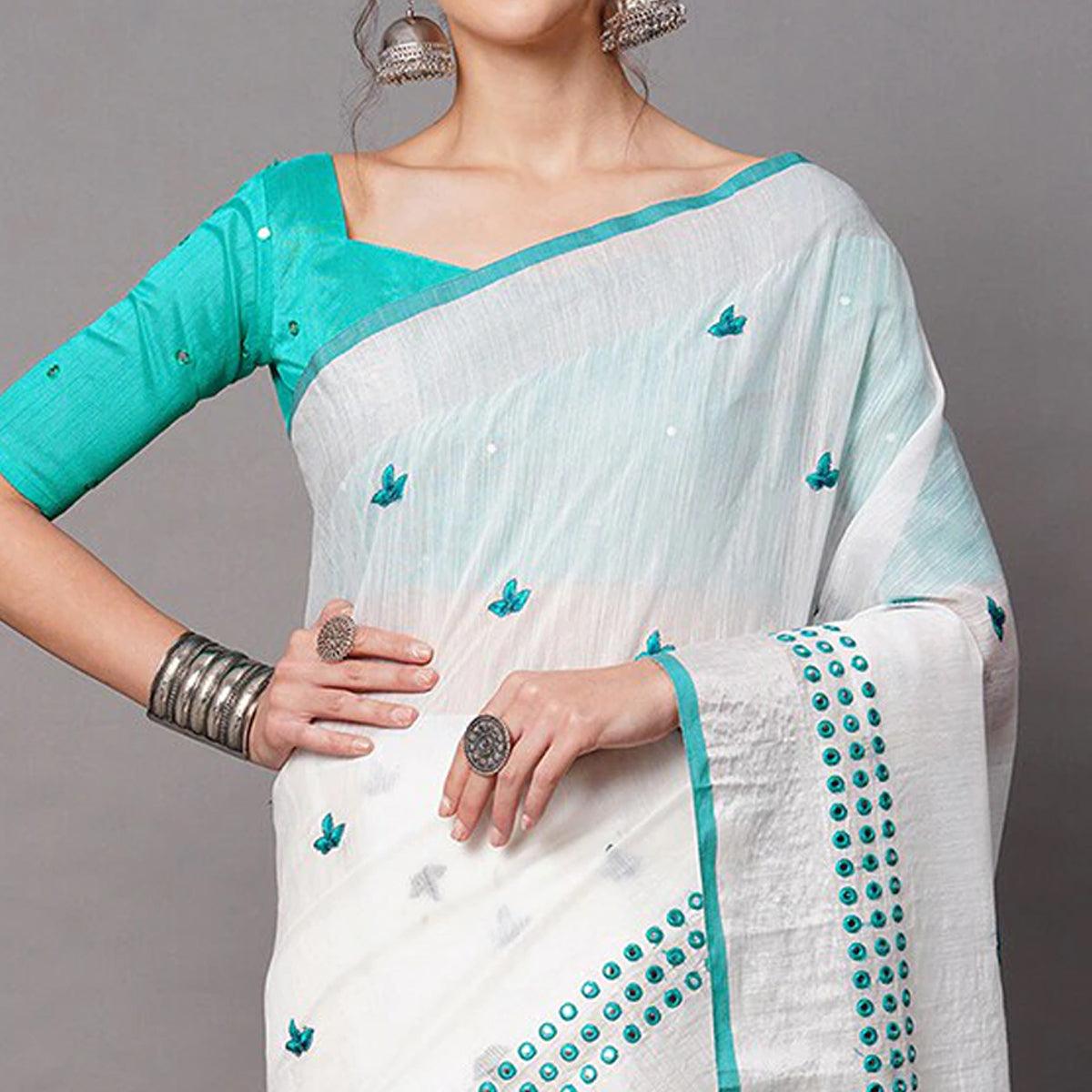 White - Turquoise Casual Wear Embroidered Linen Saree With Tassels - Peachmode