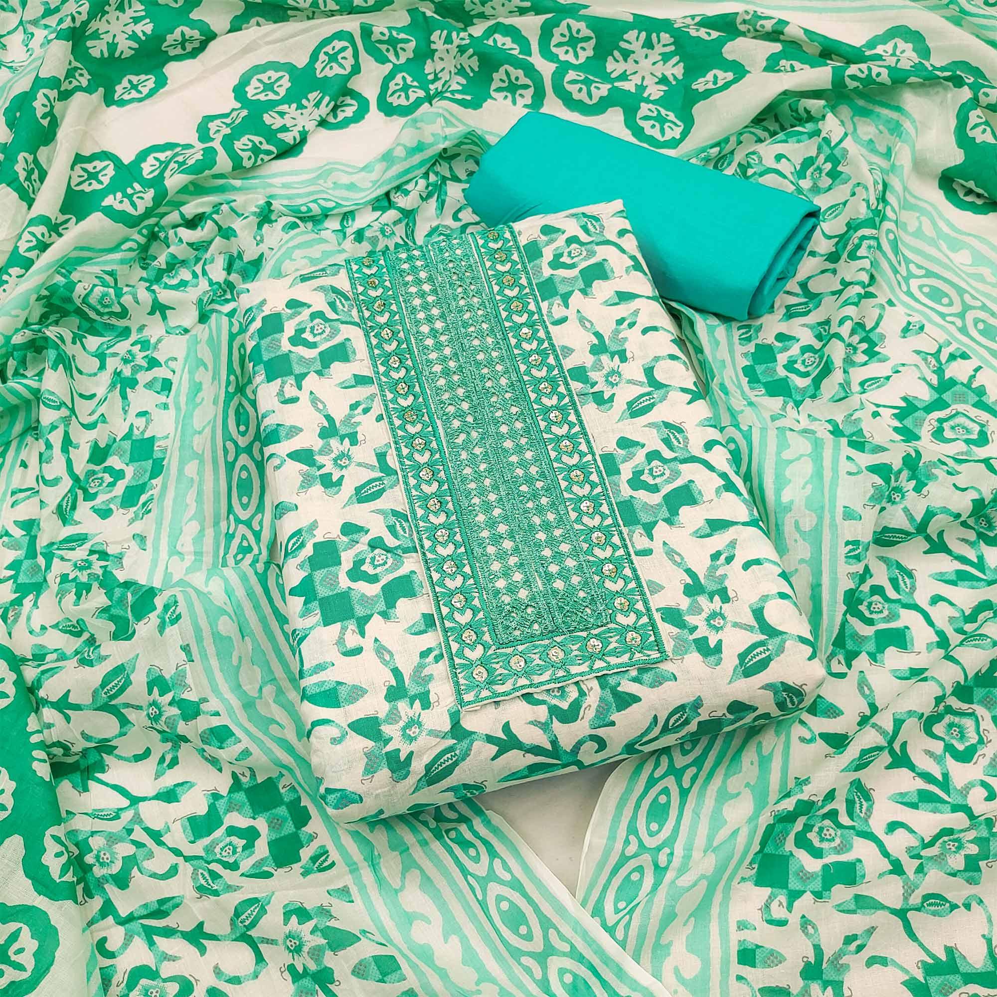 White-Turquoise Printed With Embroidered Cotton Blend Dress Material - Peachmode
