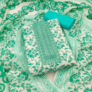 White-Turquoise Printed With Embroidered Cotton Blend Dress Material - Peachmode