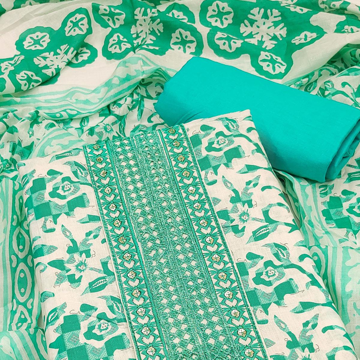 White-Turquoise Printed With Embroidered Cotton Blend Dress Material - Peachmode
