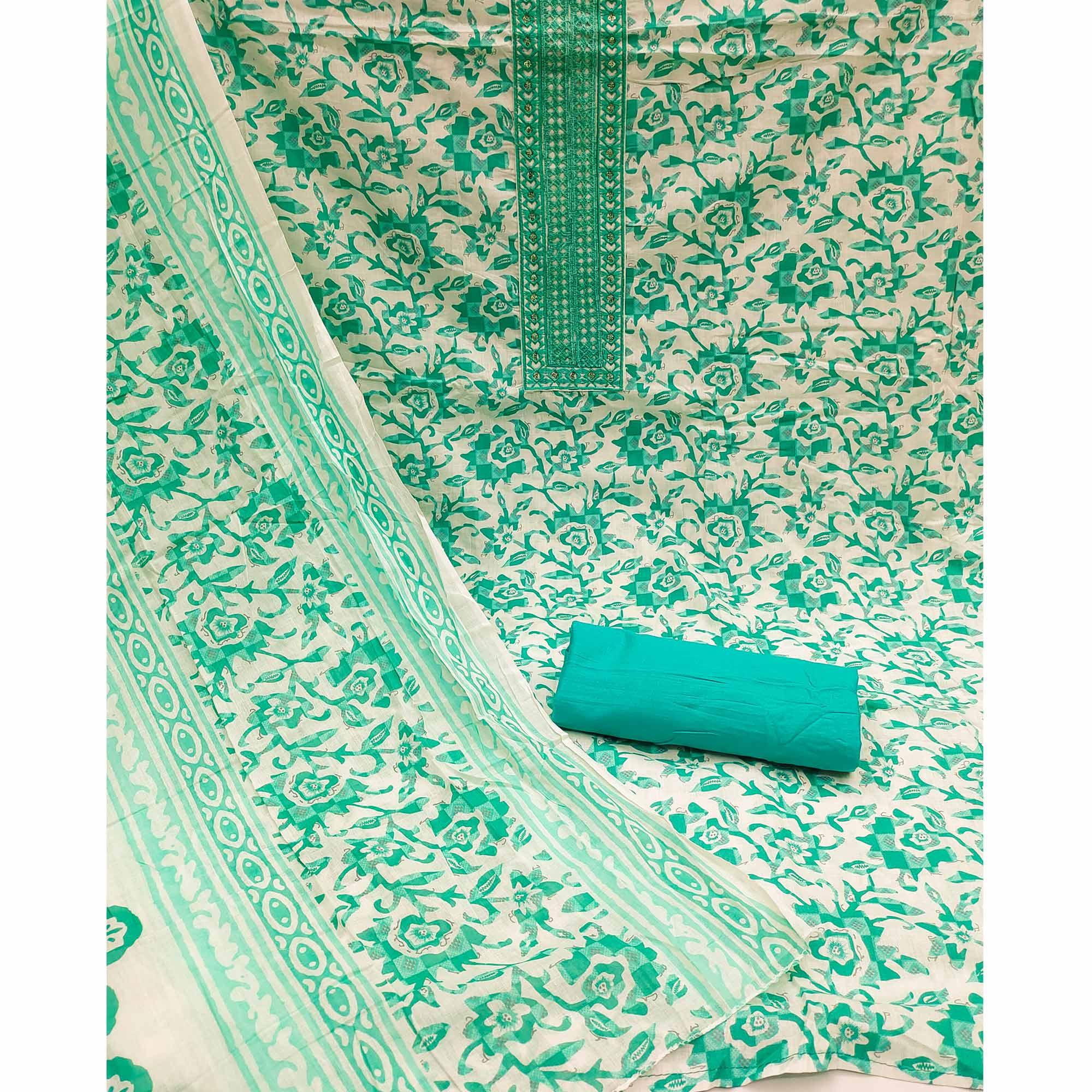 White-Turquoise Printed With Embroidered Cotton Blend Dress Material - Peachmode