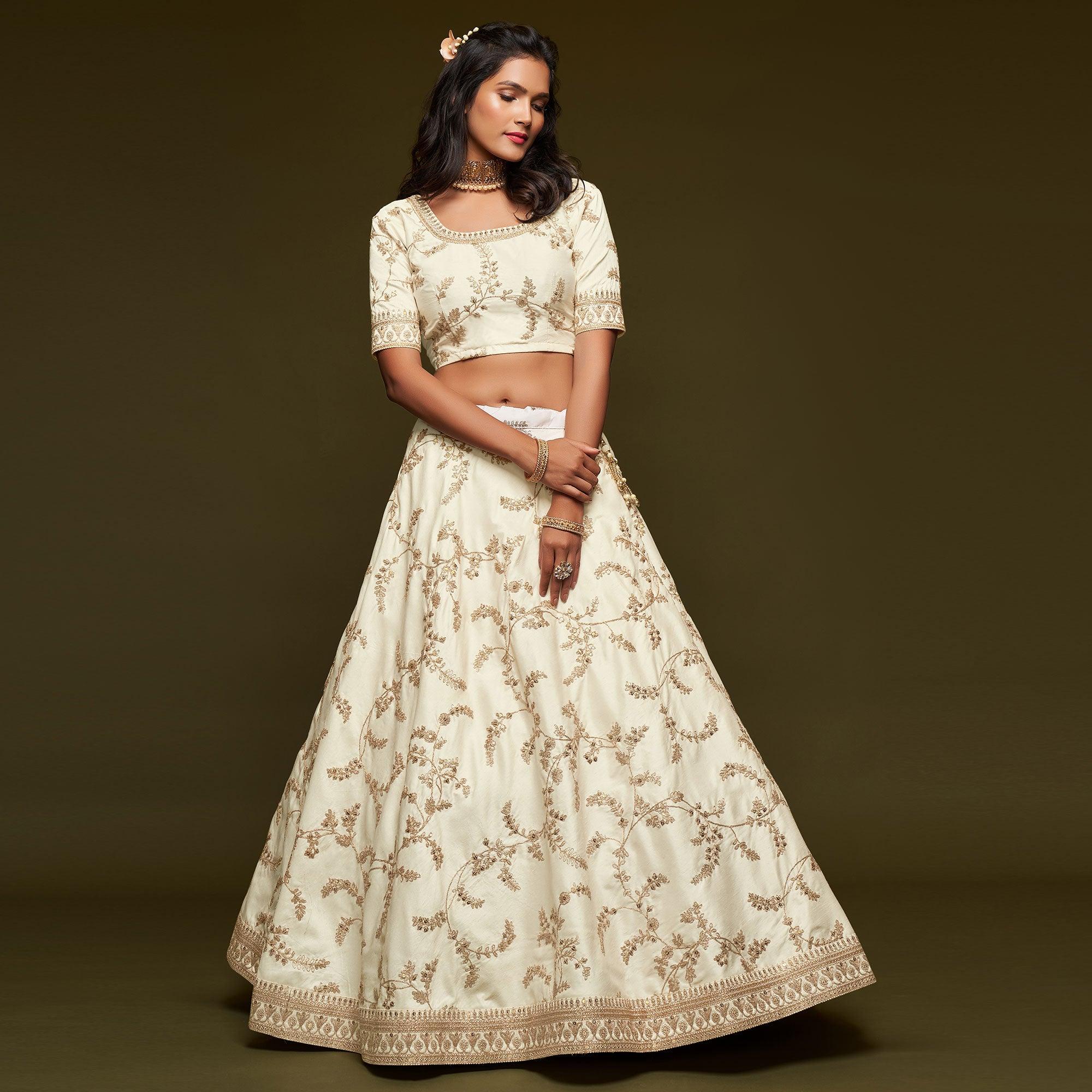 White Wedding Floral Sequins Embroidered Art Silk Lehenga Choli - Peachmode