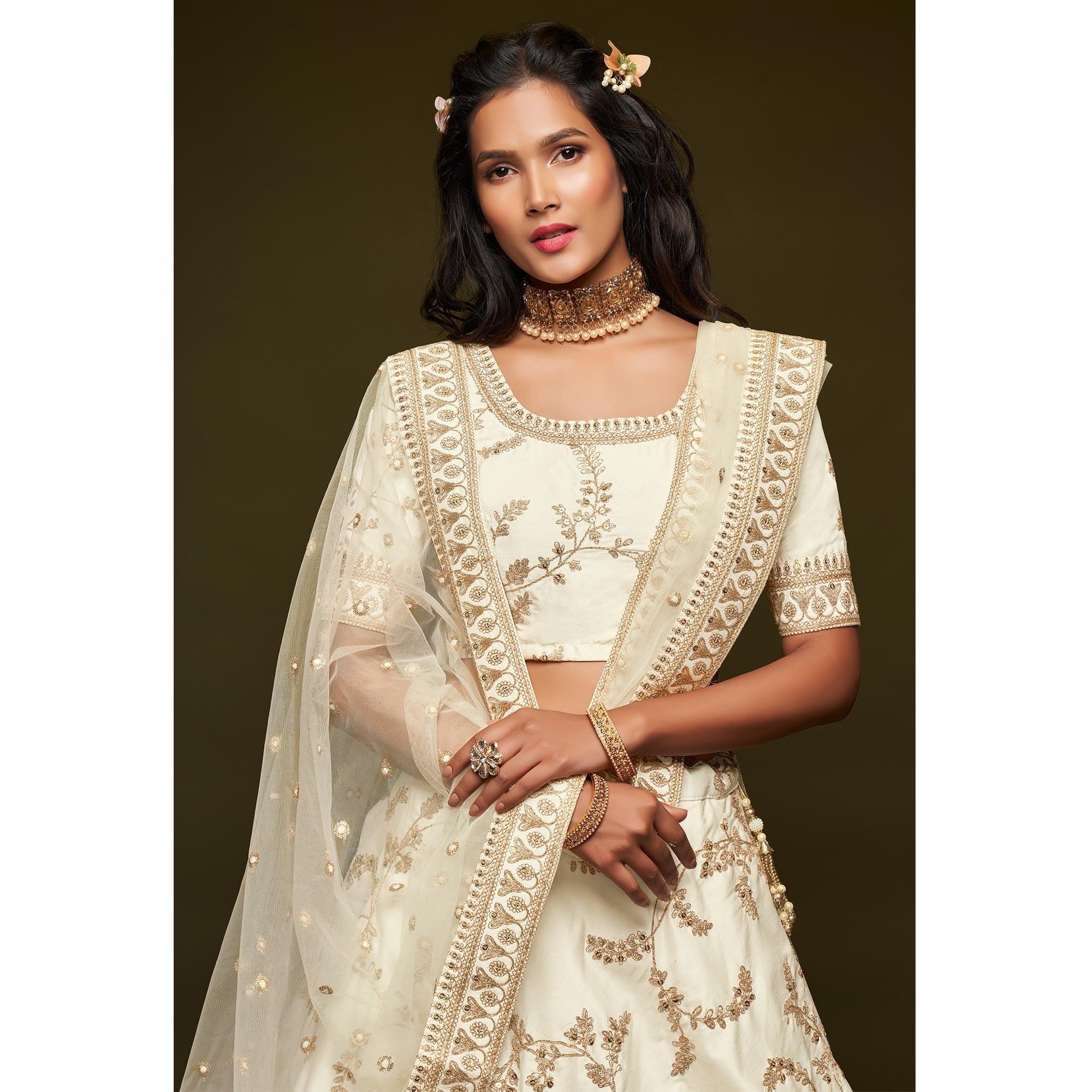 White Wedding Floral Sequins Embroidered Art Silk Lehenga Choli - Peachmode