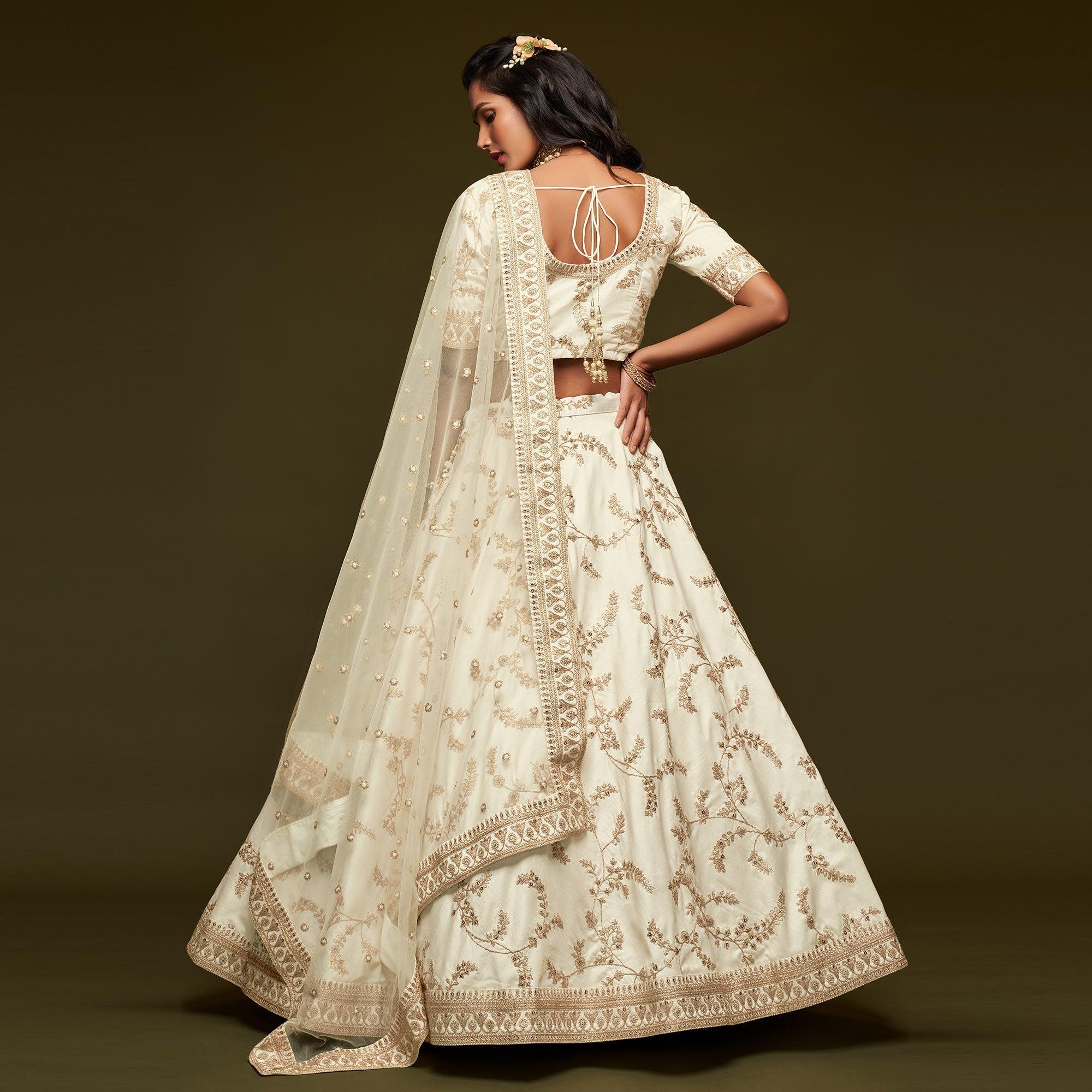 White Wedding Floral Sequins Embroidered Art Silk Lehenga Choli - Peachmode