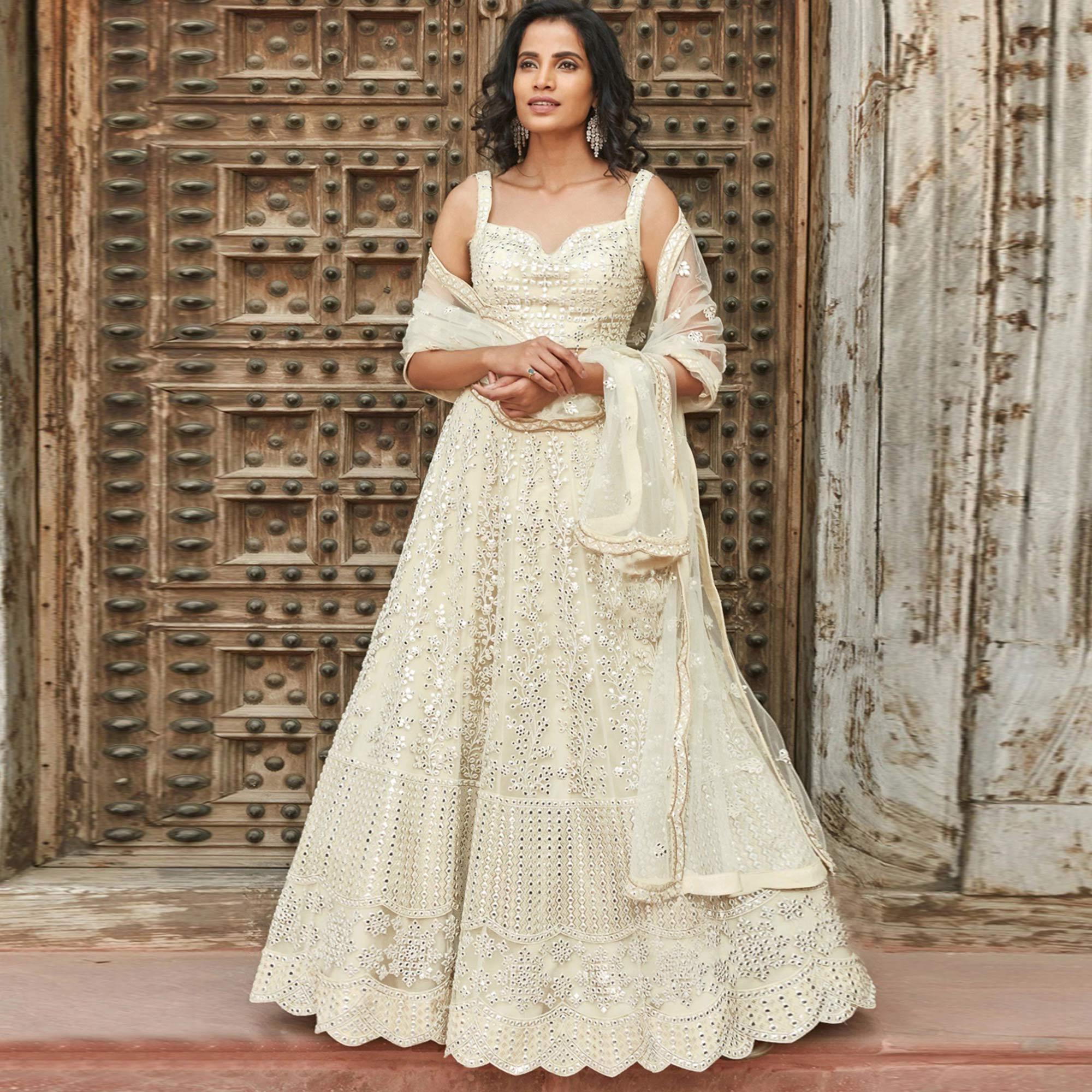 White Wedding Wear Designer Embroidered Organza Lahenga Choli - Peachmode