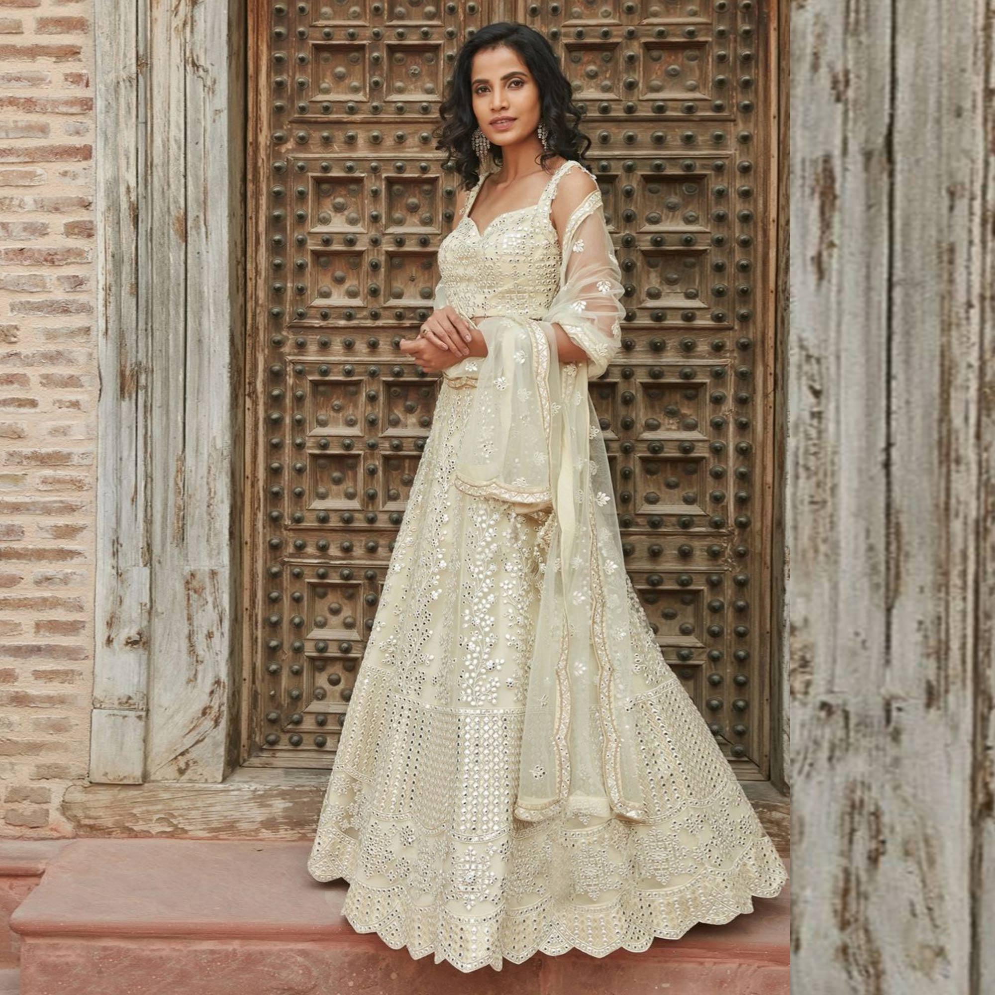 White Wedding Wear Designer Embroidered Organza Lahenga Choli - Peachmode