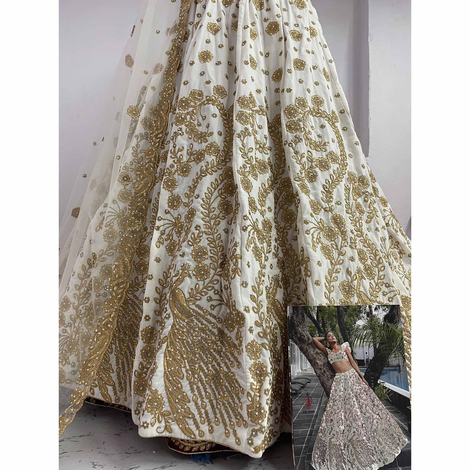 White Wedding Wear Floral Embroidery With Dori Work Velvet Lehenga Choli - Peachmode