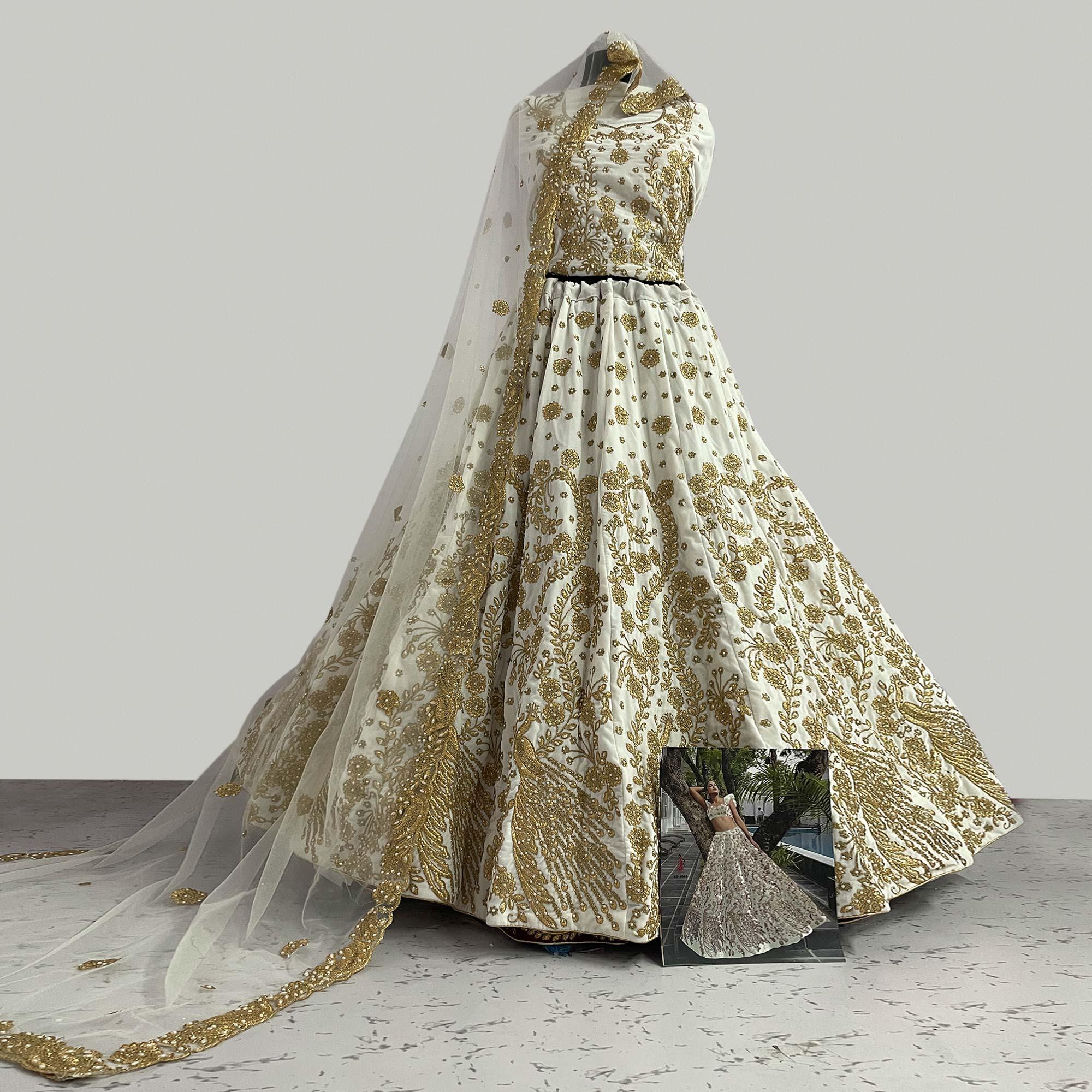 White Wedding Wear Floral Embroidery With Dori Work Velvet Lehenga Choli - Peachmode