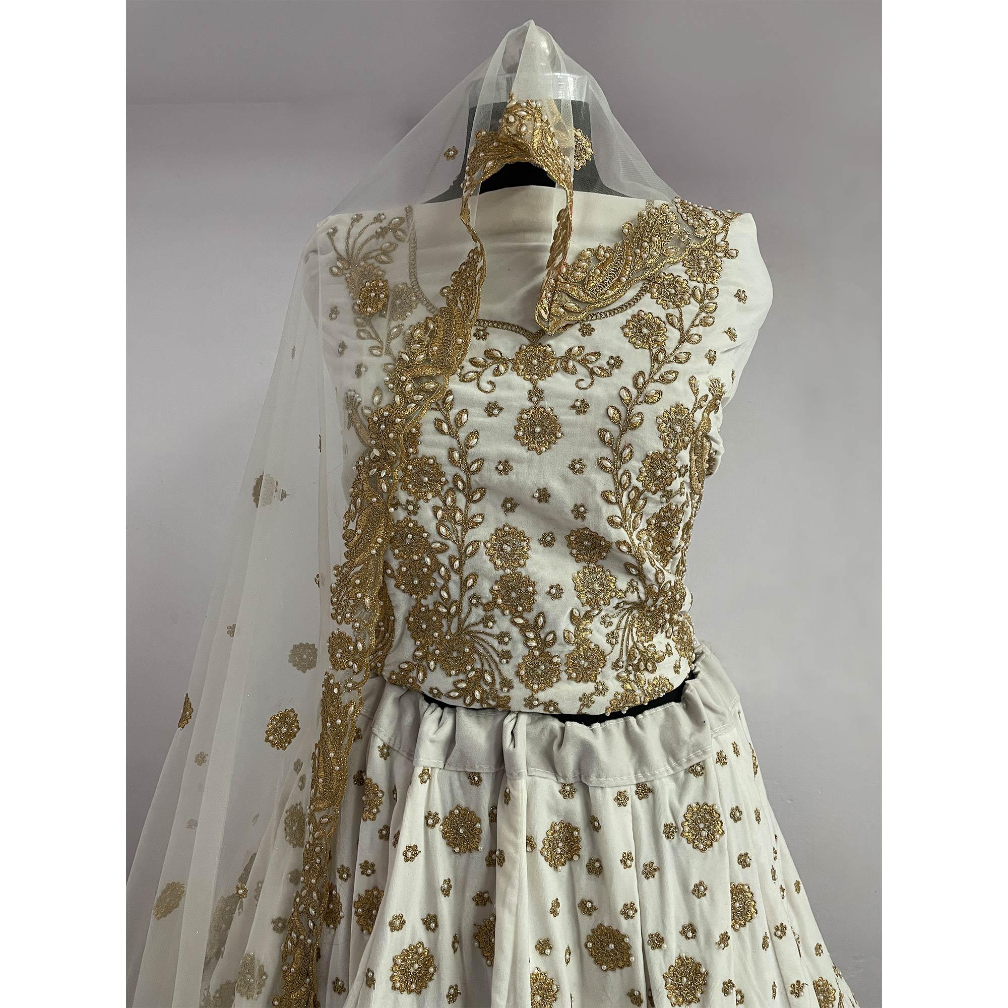 White Wedding Wear Floral Embroidery With Dori Work Velvet Lehenga Choli - Peachmode