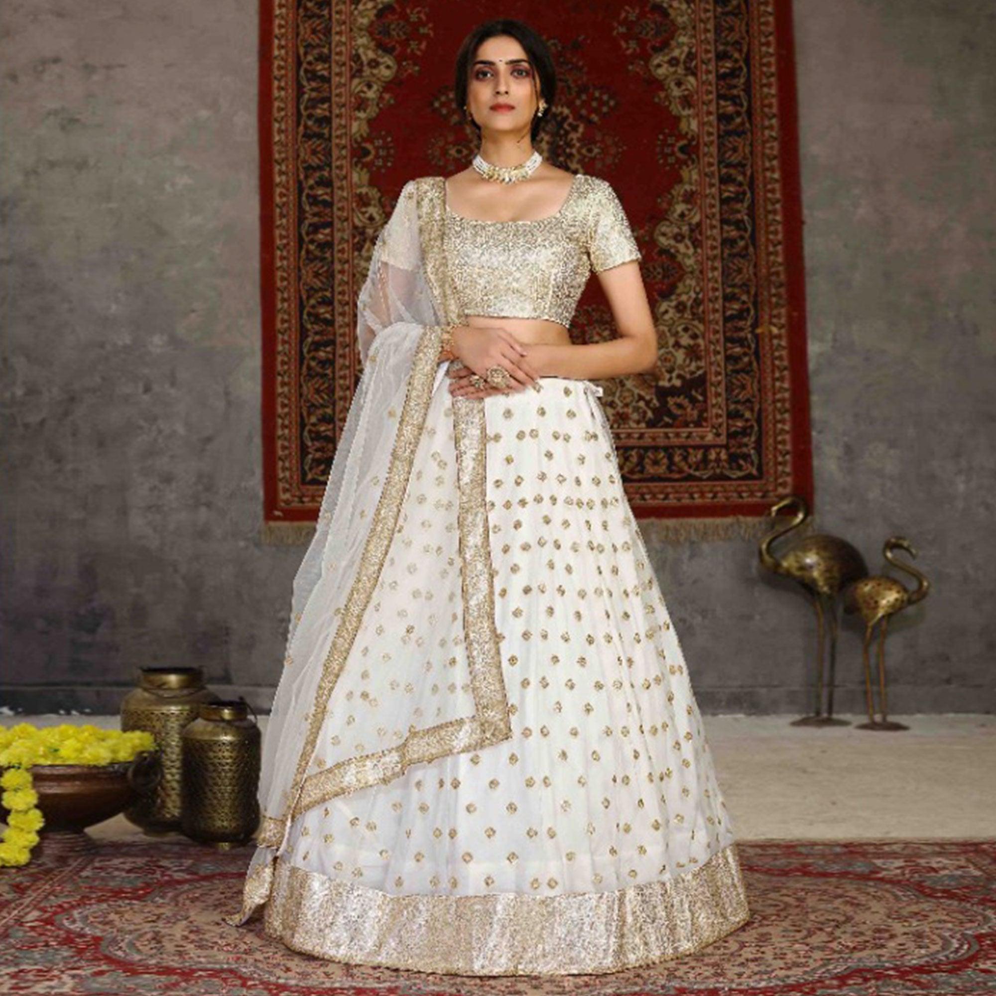 White Wedding Wear Sequence Embroidered Net Lehenga Choli - Peachmode