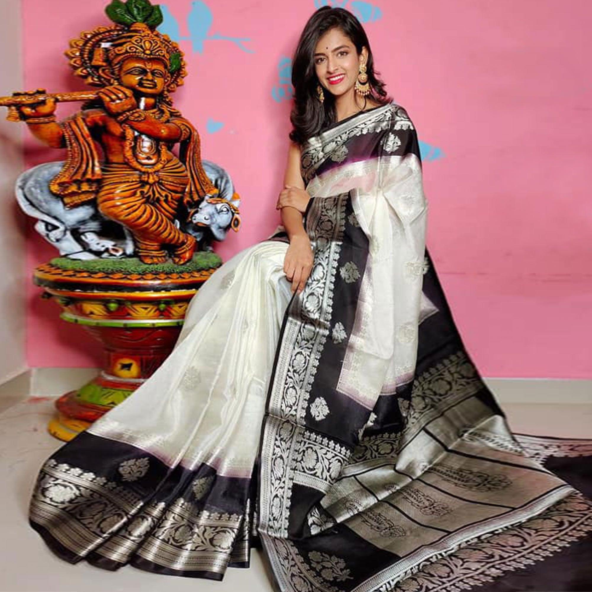White Woven Banarasi Silk Saree - Peachmode