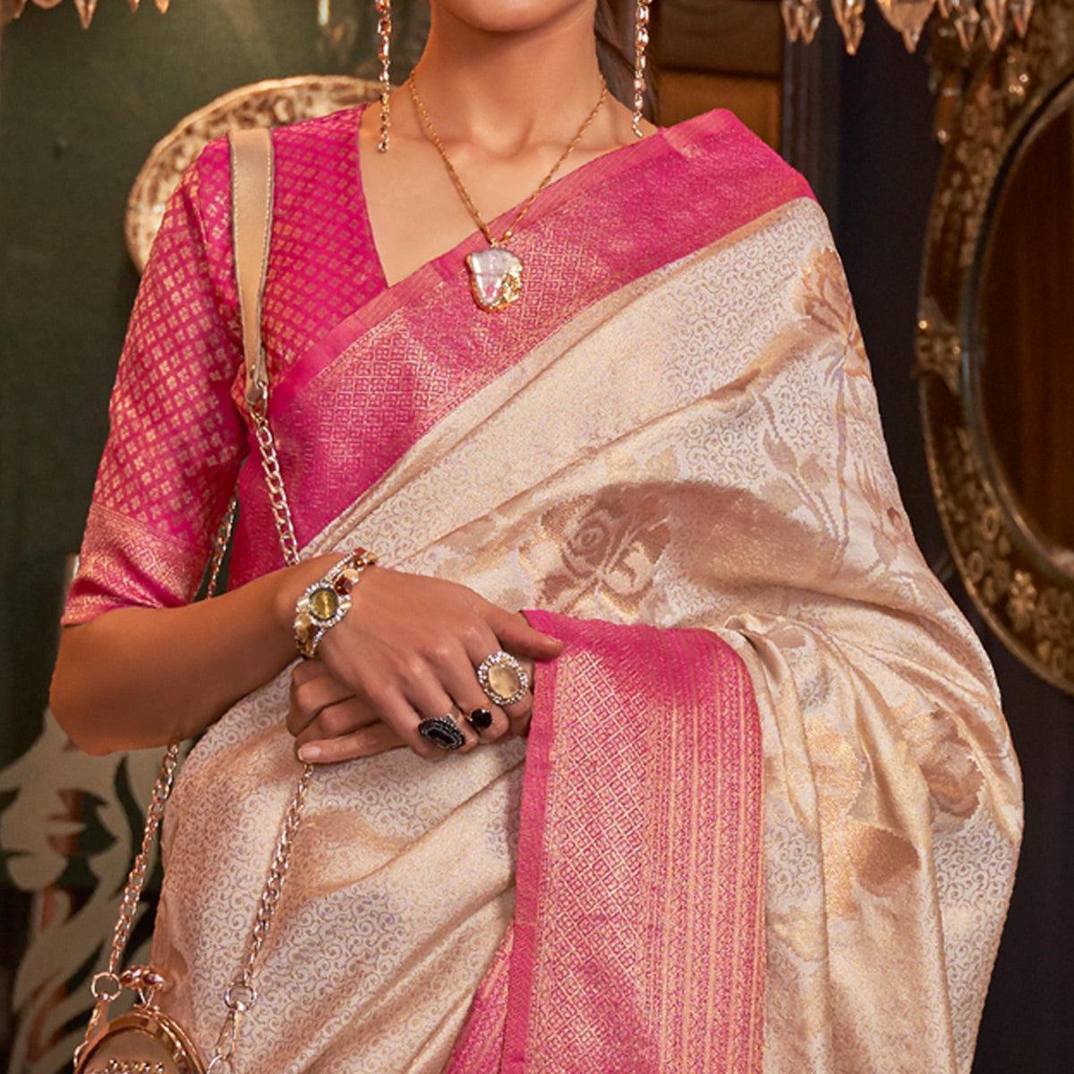 White Woven Pure Silk Saree With Tassels - Peachmode