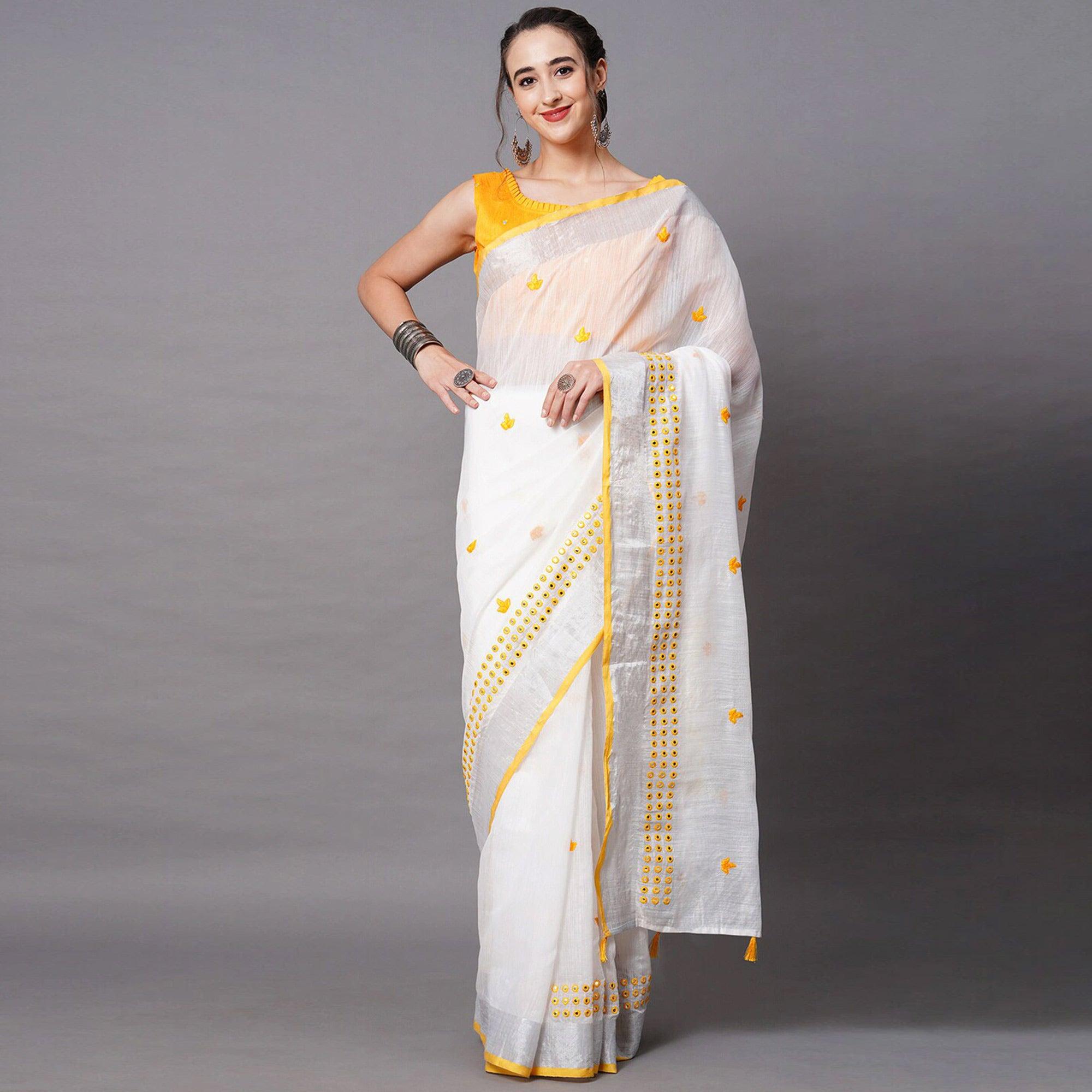 White - Yellow Casual Wear Embroidered Linen Saree With Tassels - Peachmode