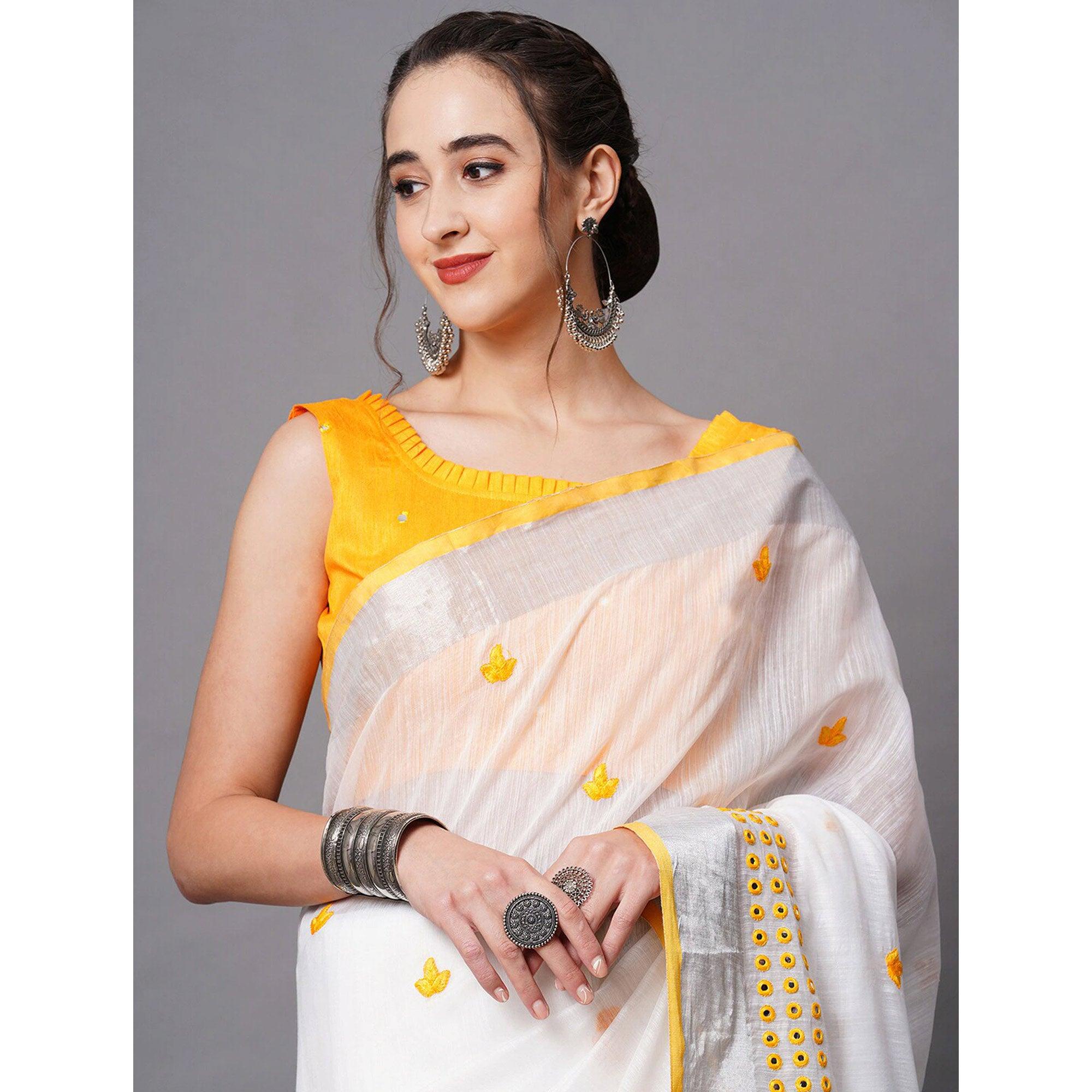 White - Yellow Casual Wear Embroidered Linen Saree With Tassels - Peachmode