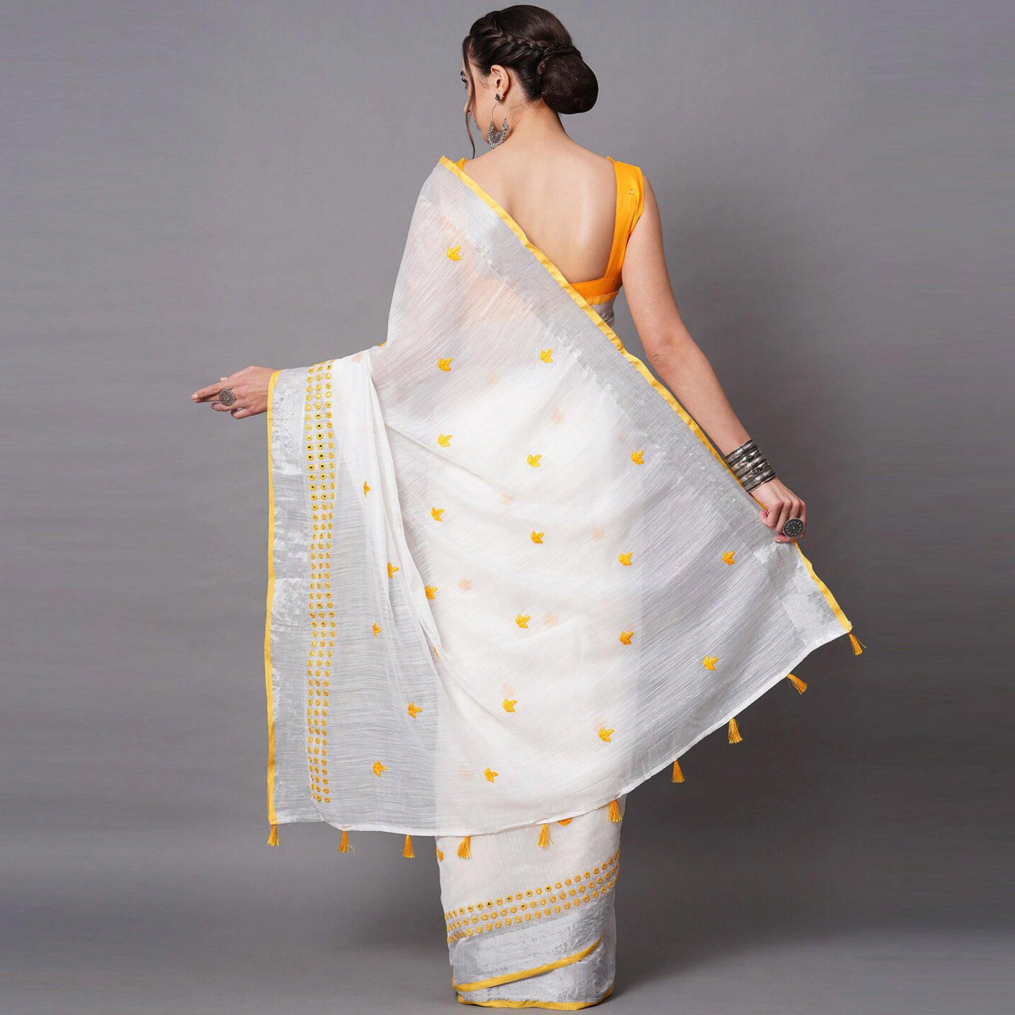 White - Yellow Casual Wear Embroidered Linen Saree With Tassels - Peachmode
