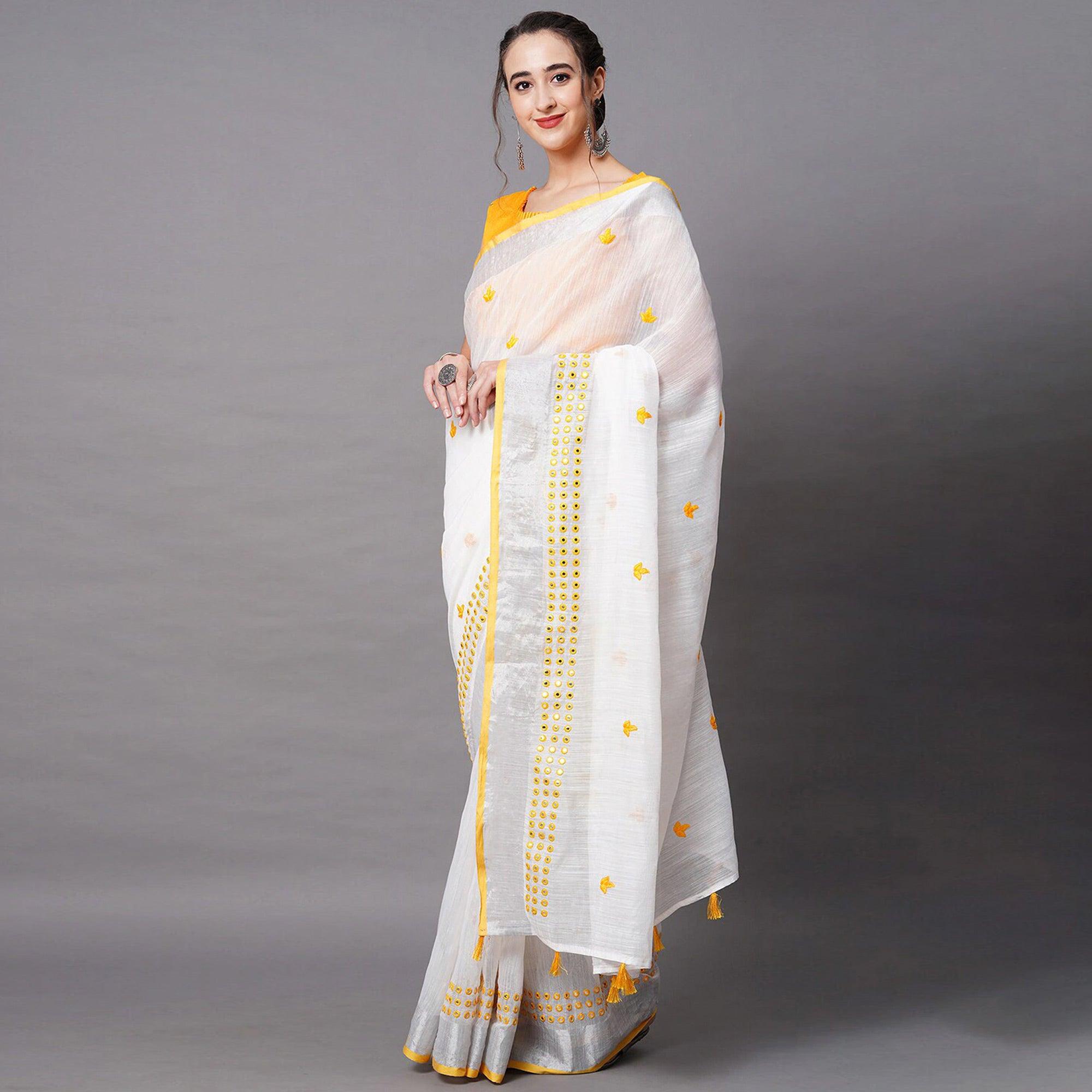 White - Yellow Casual Wear Embroidered Linen Saree With Tassels - Peachmode