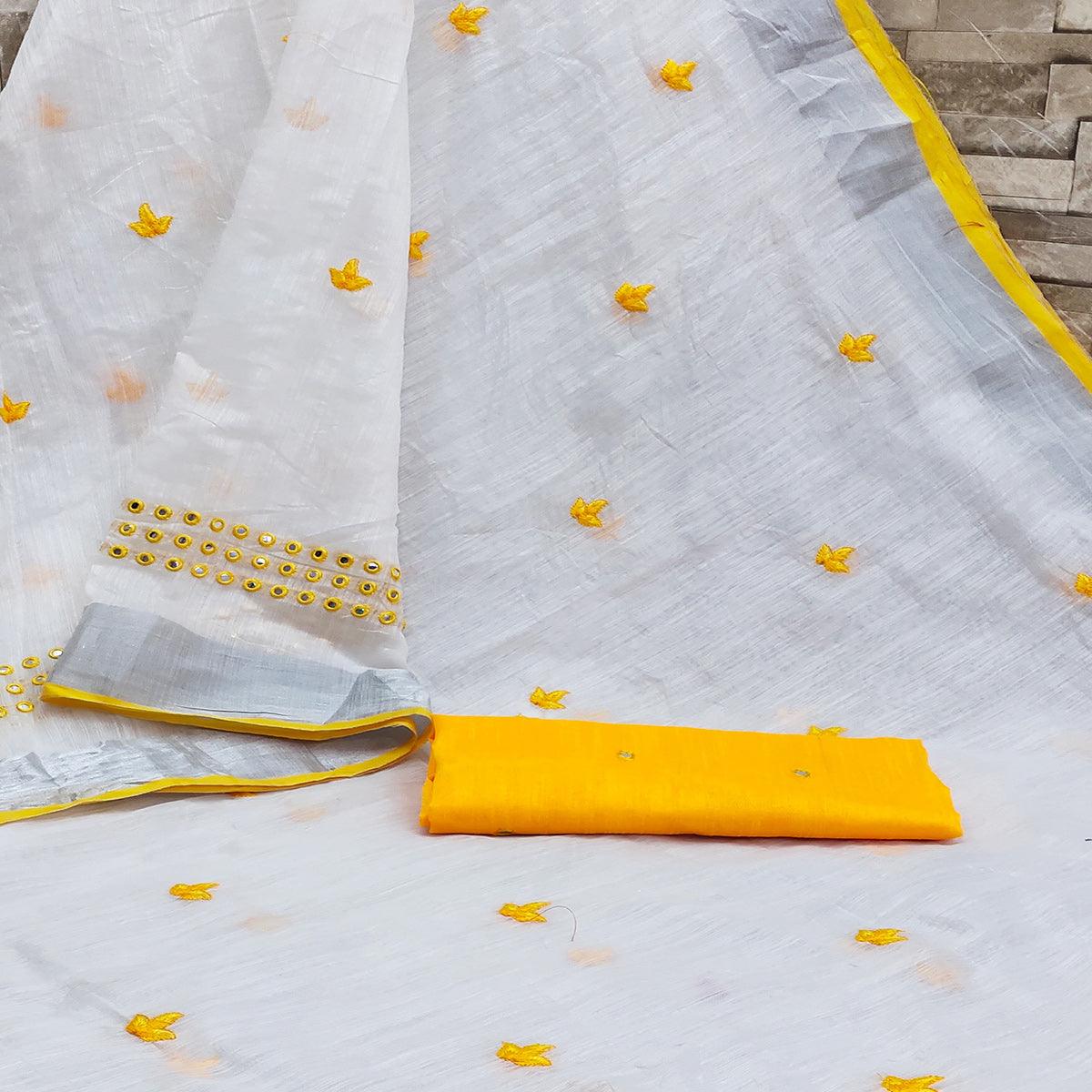 White - Yellow Casual Wear Embroidered Linen Saree With Tassels - Peachmode