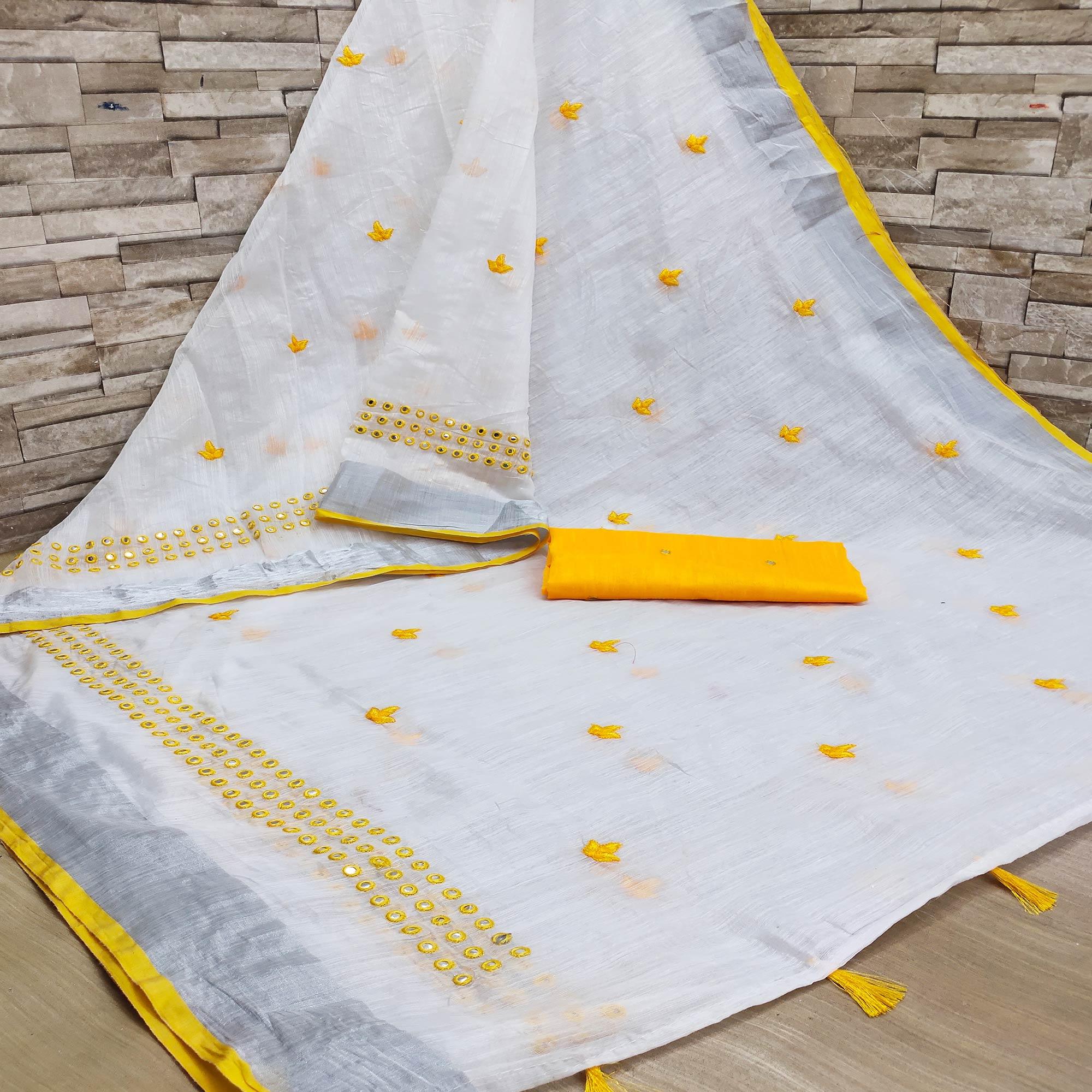 White - Yellow Casual Wear Embroidered Linen Saree With Tassels - Peachmode