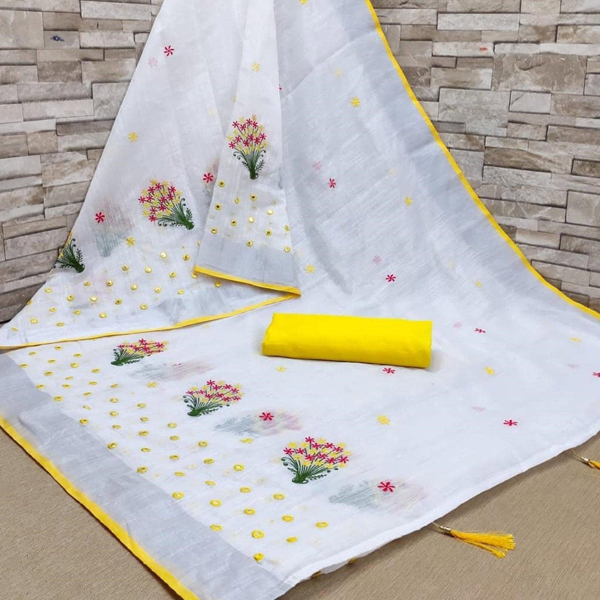 White - Yellow Casual Wear Floral Embroidered Linen Saree - Peachmode