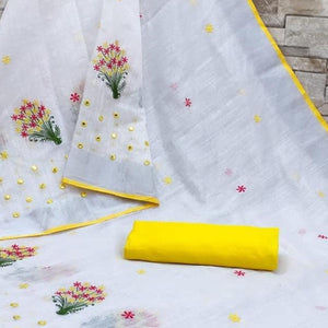 White - Yellow Casual Wear Floral Embroidered Linen Saree - Peachmode