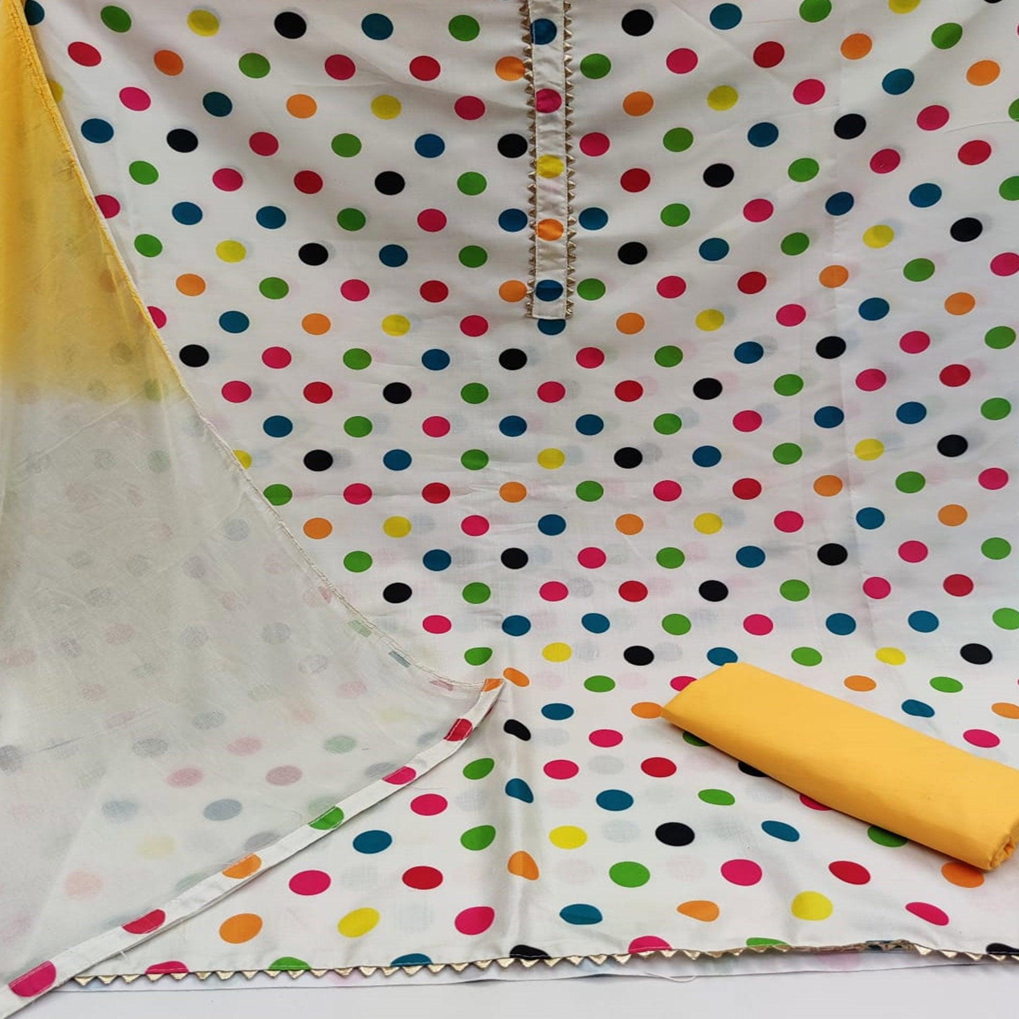 White-Yellow Casual Wear Polka Digital Printed Cotton Dress Material - Peachmode