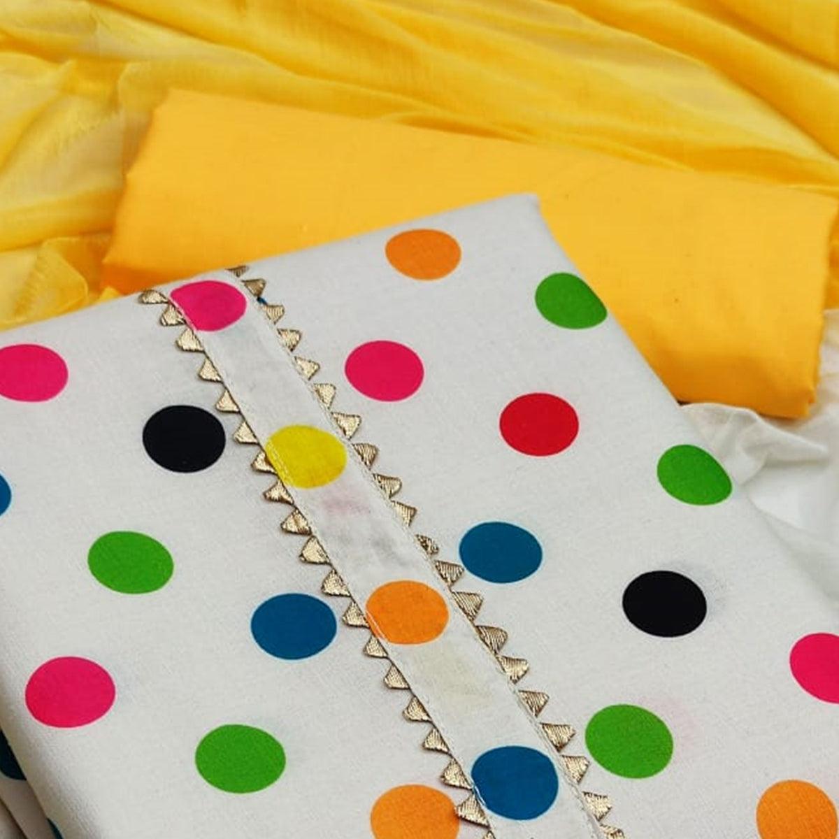 White-Yellow Casual Wear Polka Digital Printed Cotton Dress Material - Peachmode