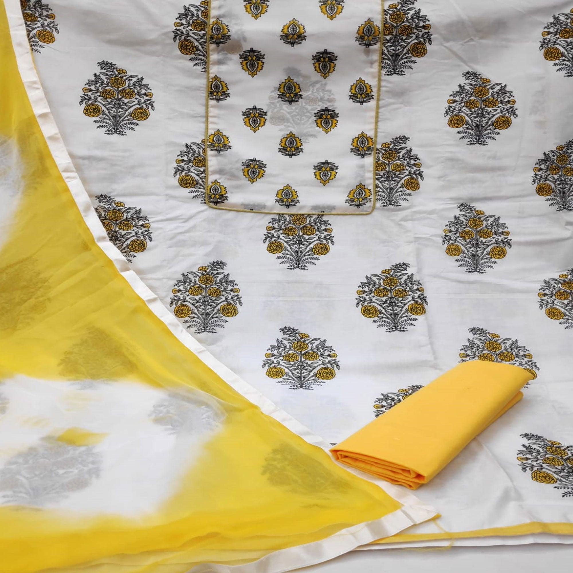 White - Yellow Casual Wear Printed Cotton Dress Material - Peachmode