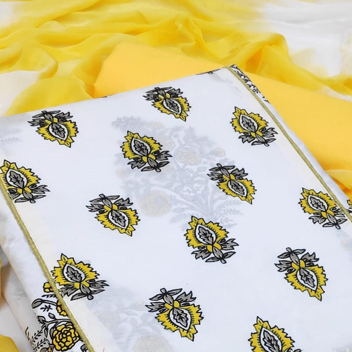 White - Yellow Casual Wear Printed Cotton Dress Material - Peachmode