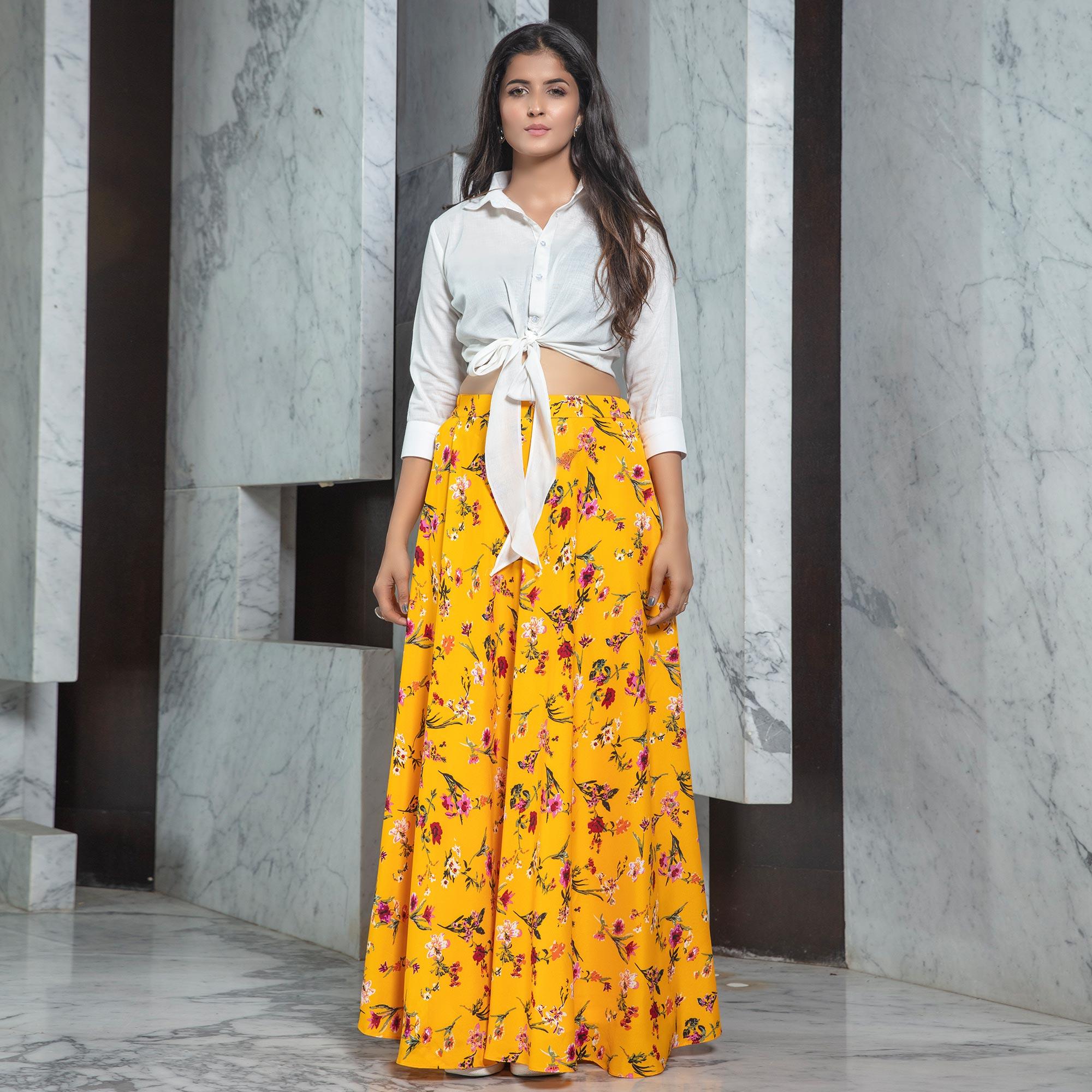 White - Yellow Casual Wear Printed Rayon Top-Skirt Set - Peachmode