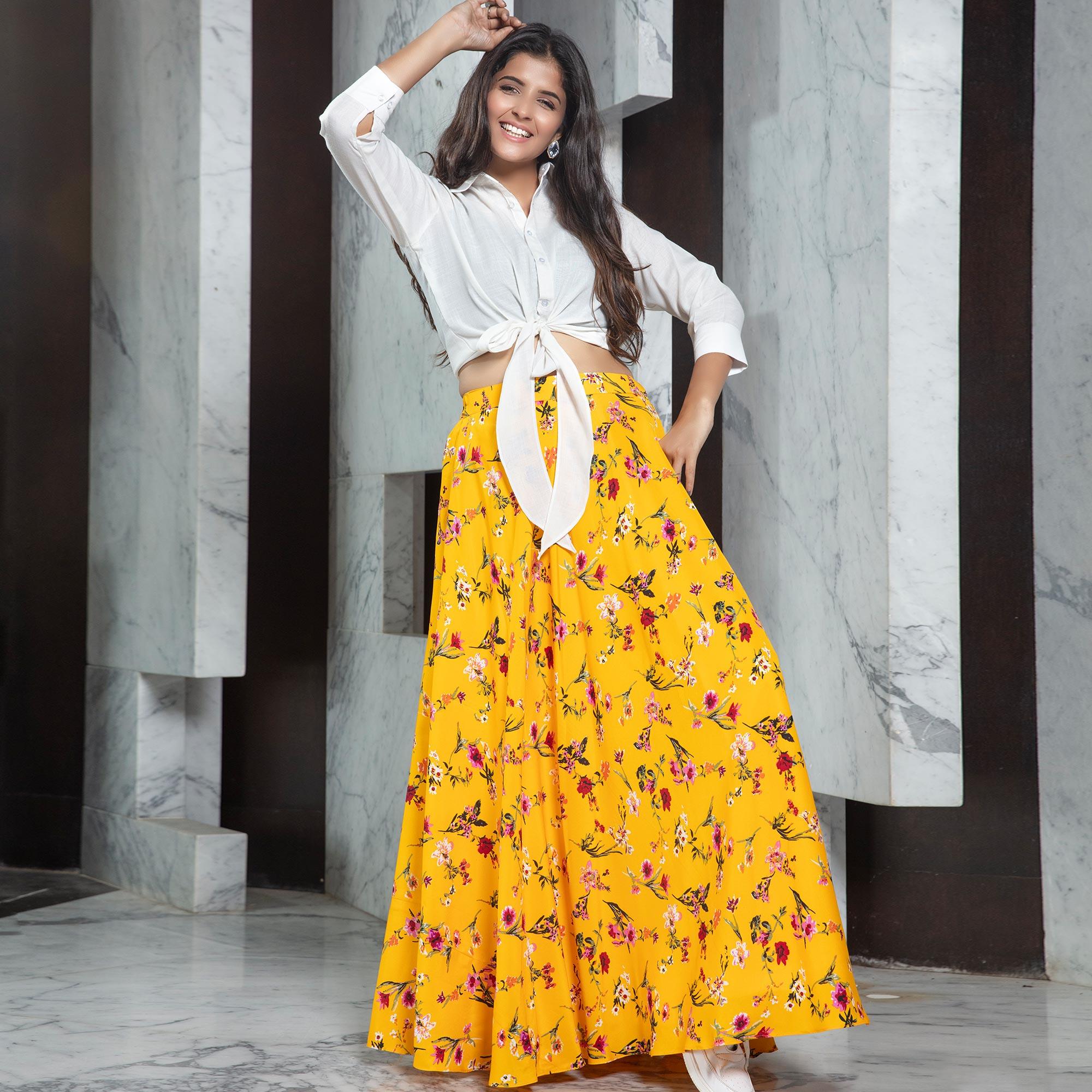 White Yellow Casual Wear Printed Rayon Top-Skirt Set M