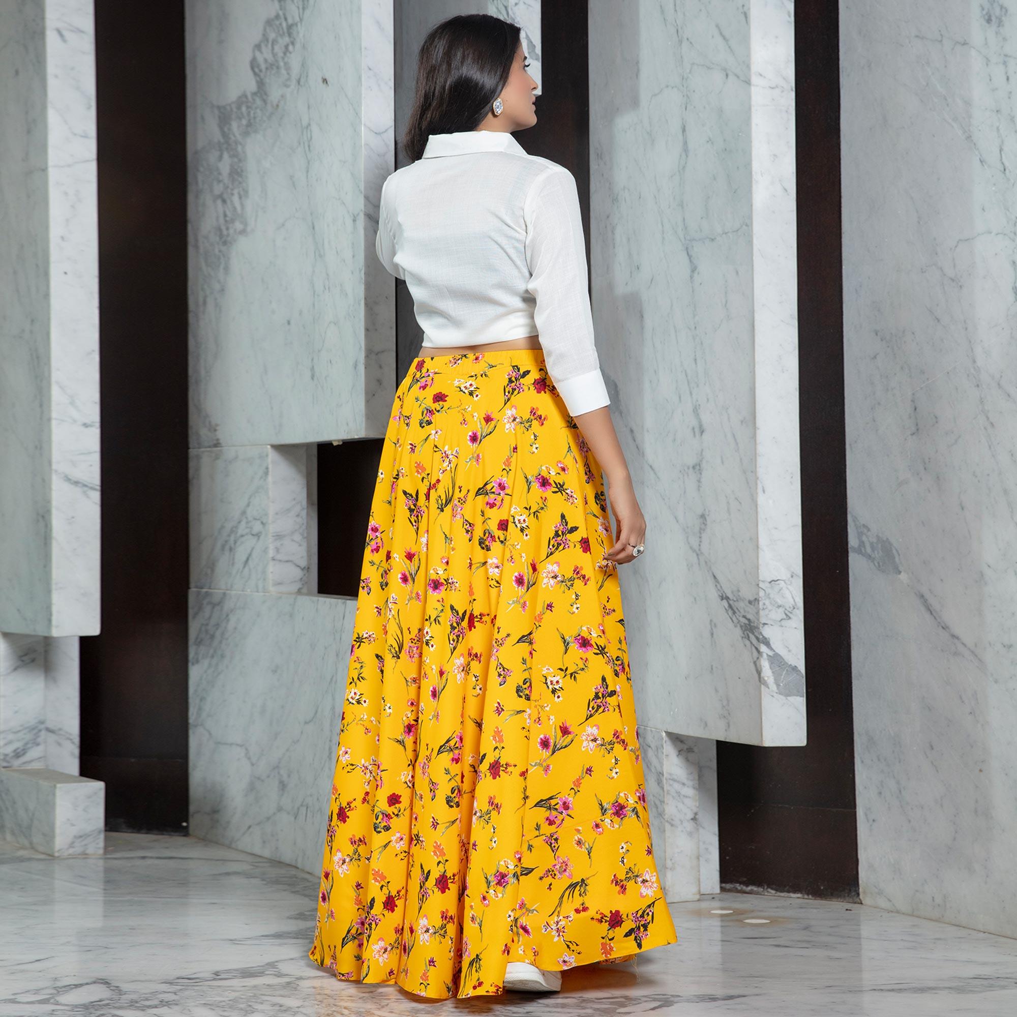 White - Yellow Casual Wear Printed Rayon Top-Skirt Set - Peachmode