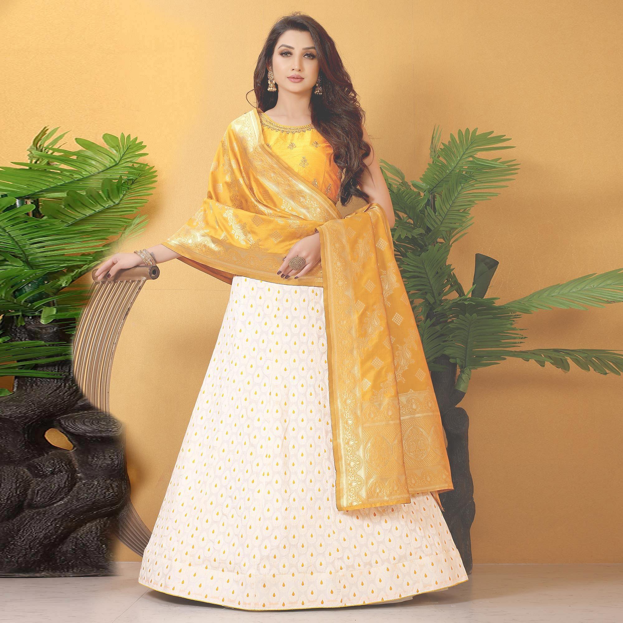 White-Yellow Meenakari Woven Banarasi Silk Lehenga Choli - Peachmode