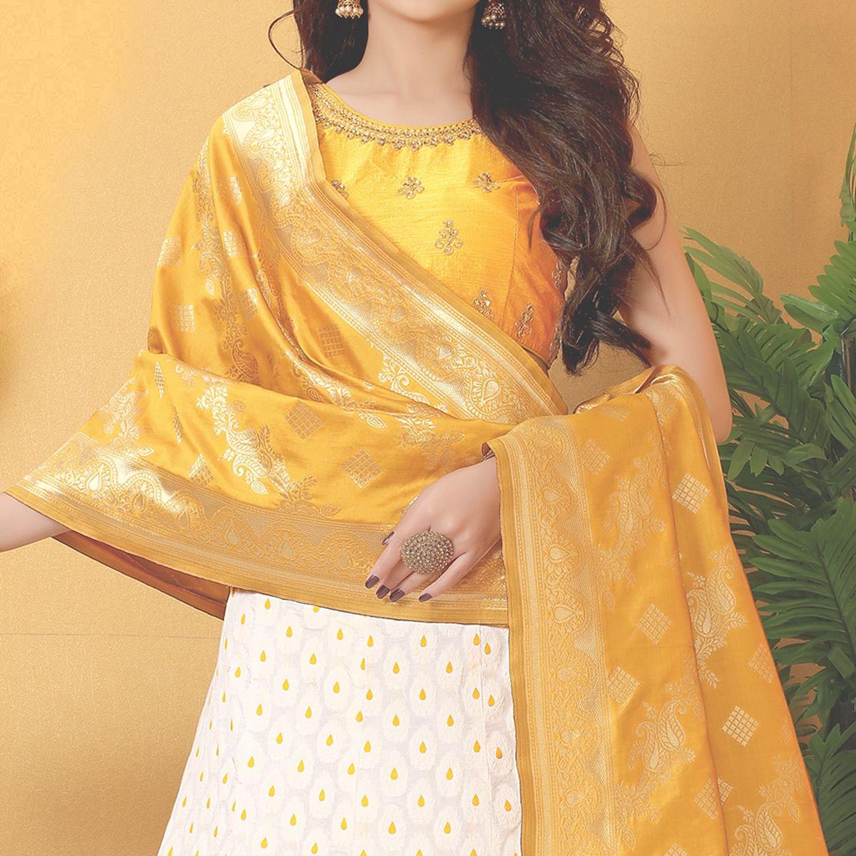 White-Yellow Meenakari Woven Banarasi Silk Lehenga Choli - Peachmode