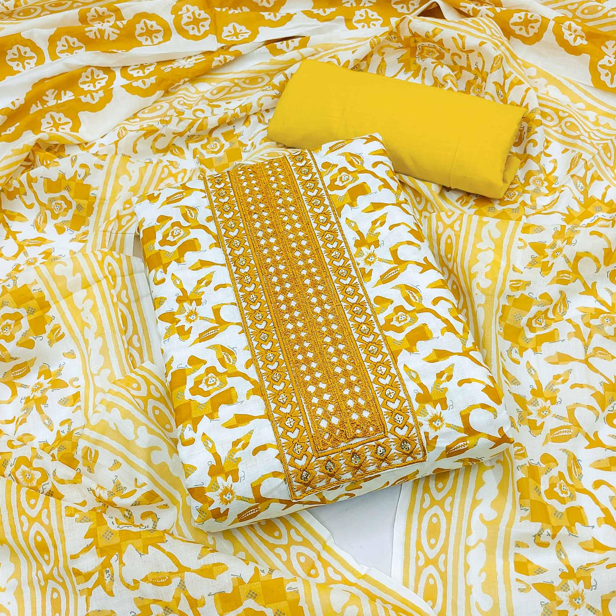 White-Yellow Printed With Embroidered Cotton Blend Dress Material - Peachmode