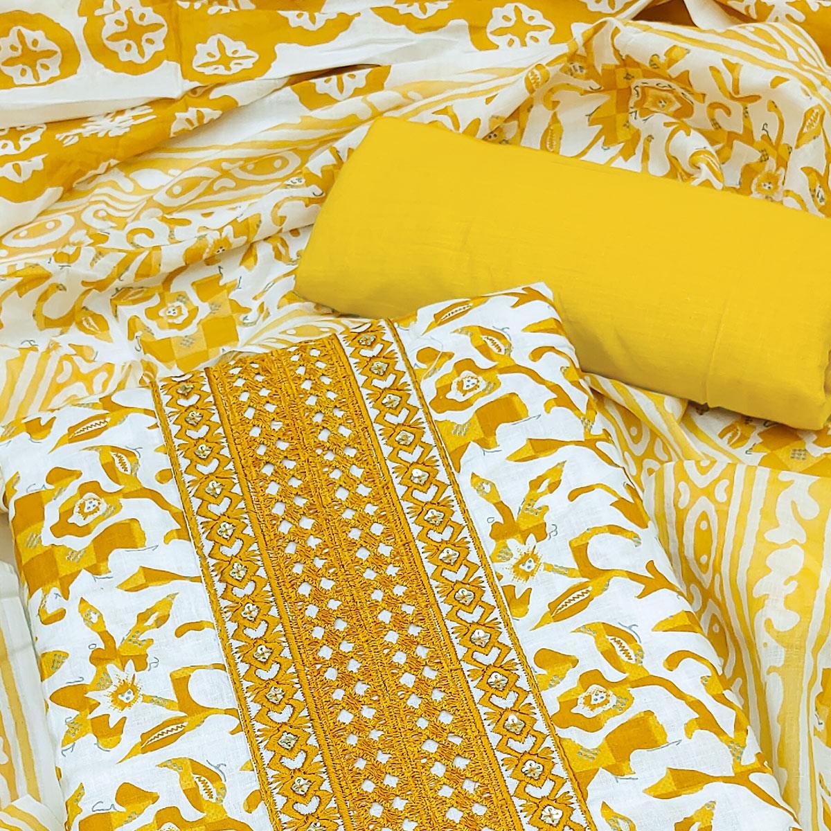 White-Yellow Printed With Embroidered Cotton Blend Dress Material - Peachmode