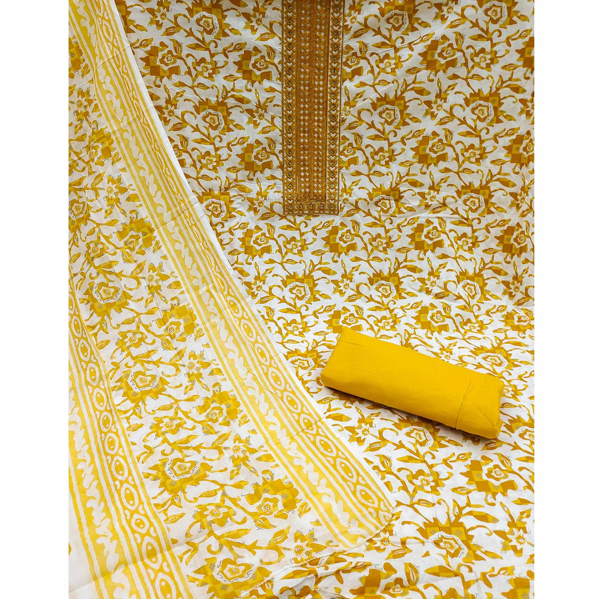 White-Yellow Printed With Embroidered Cotton Blend Dress Material - Peachmode