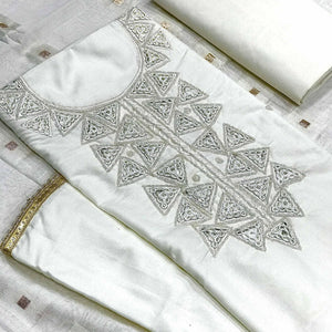 White Zardosi Embroidered Cotton Dress Material - Peachmode