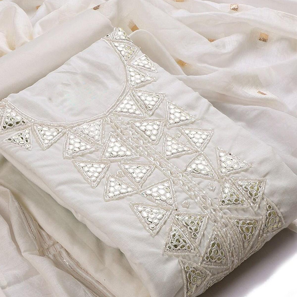 White Zardosi Embroidered Cotton Dress Material - Peachmode