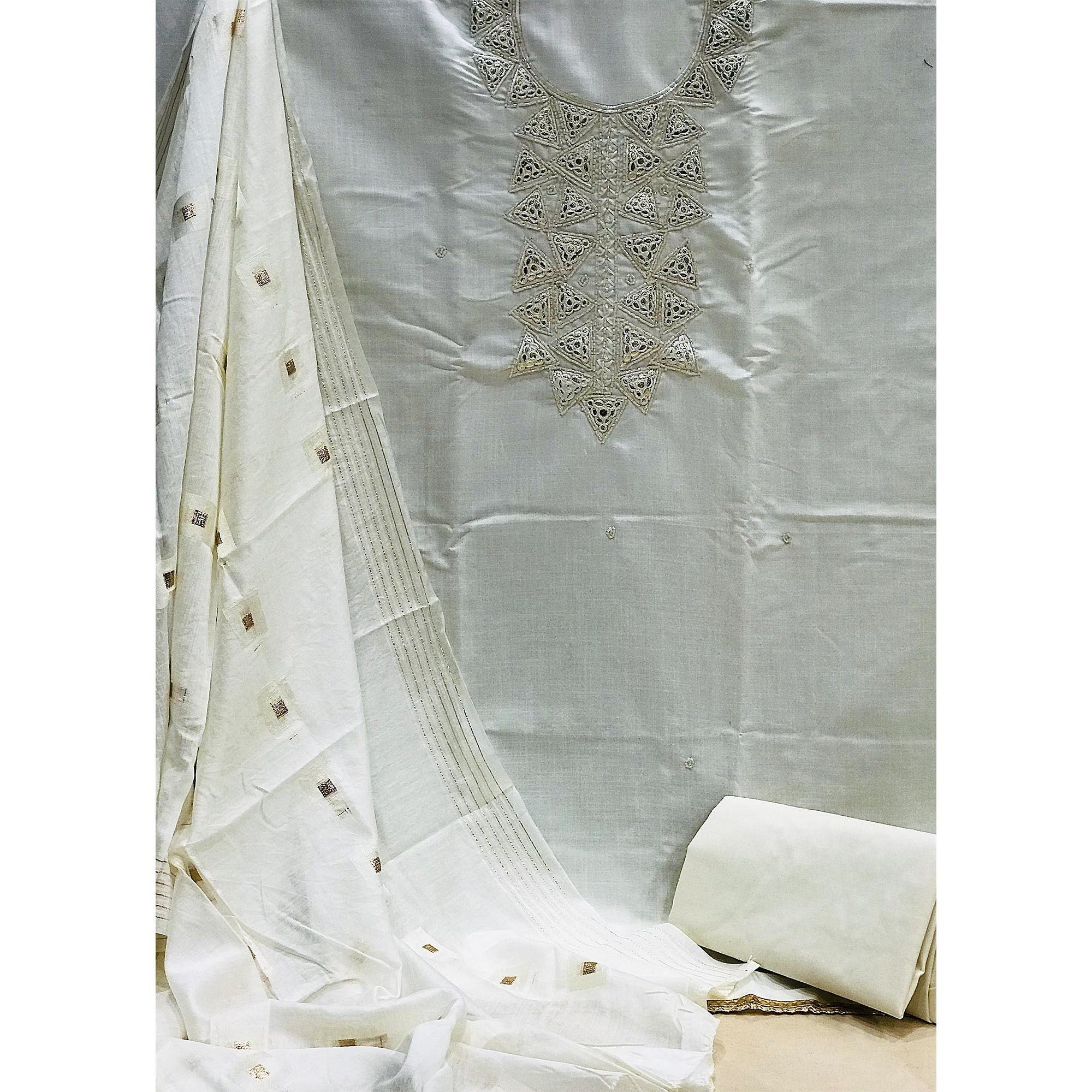 White Zardosi Embroidered Cotton Dress Material - Peachmode