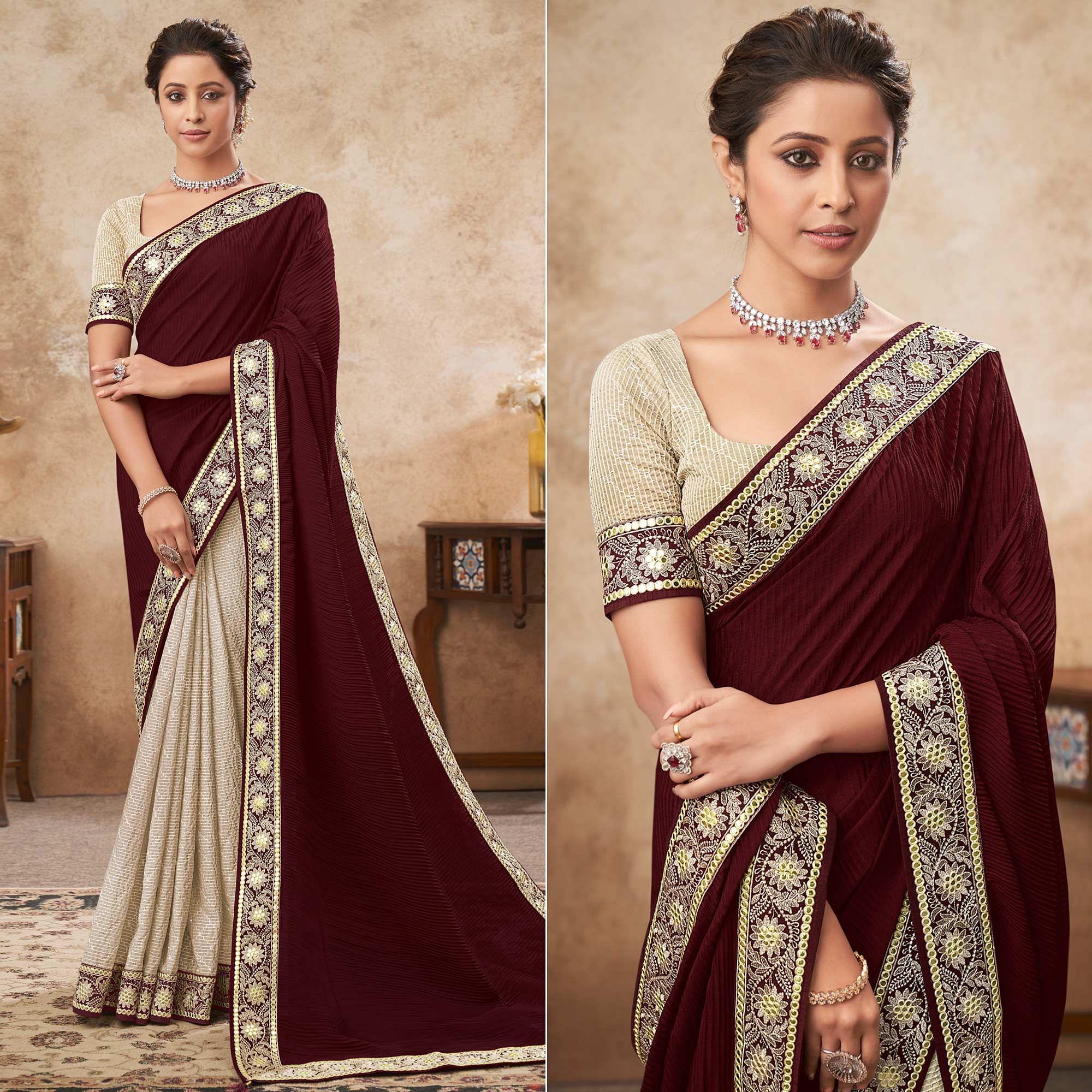 Wine & Beige Sequence Embroidered Chiffon Half & Half Saree - Peachmode
