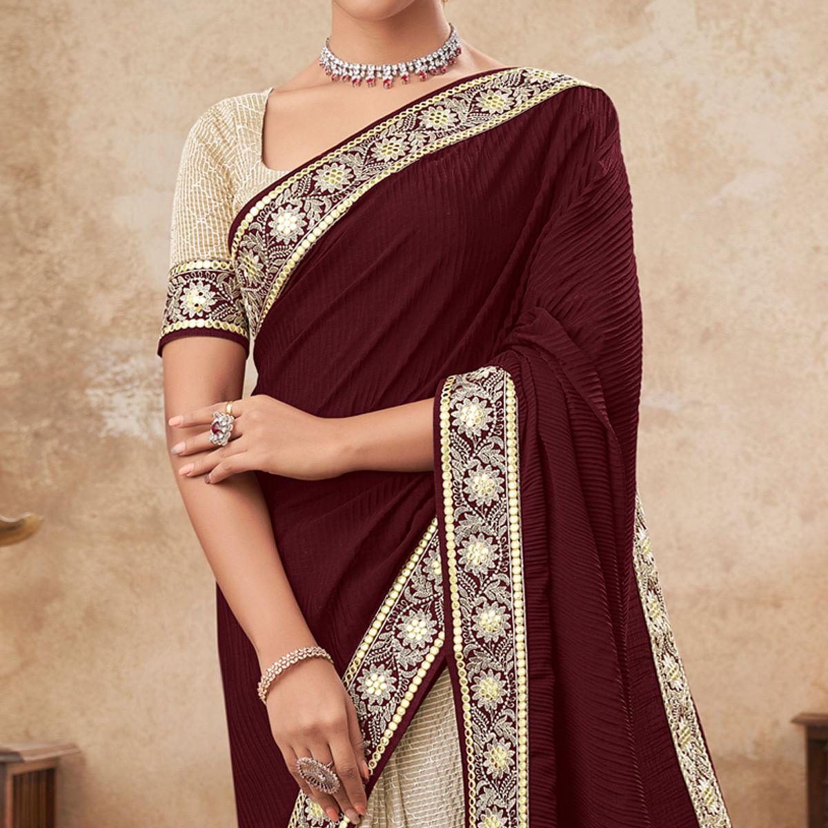 Wine & Beige Sequence Embroidered Chiffon Half & Half Saree - Peachmode