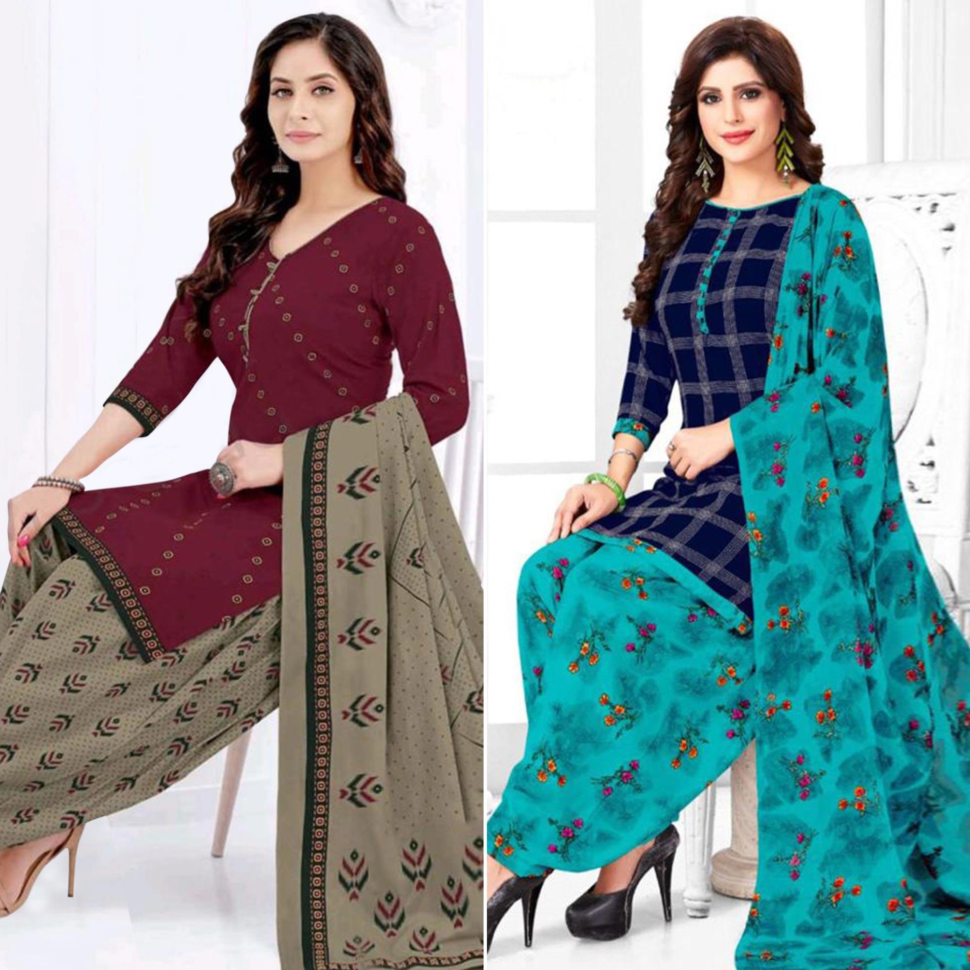 Wine And Blue Patiala Crepe Dress Material Pack Of 2 - Peachmode