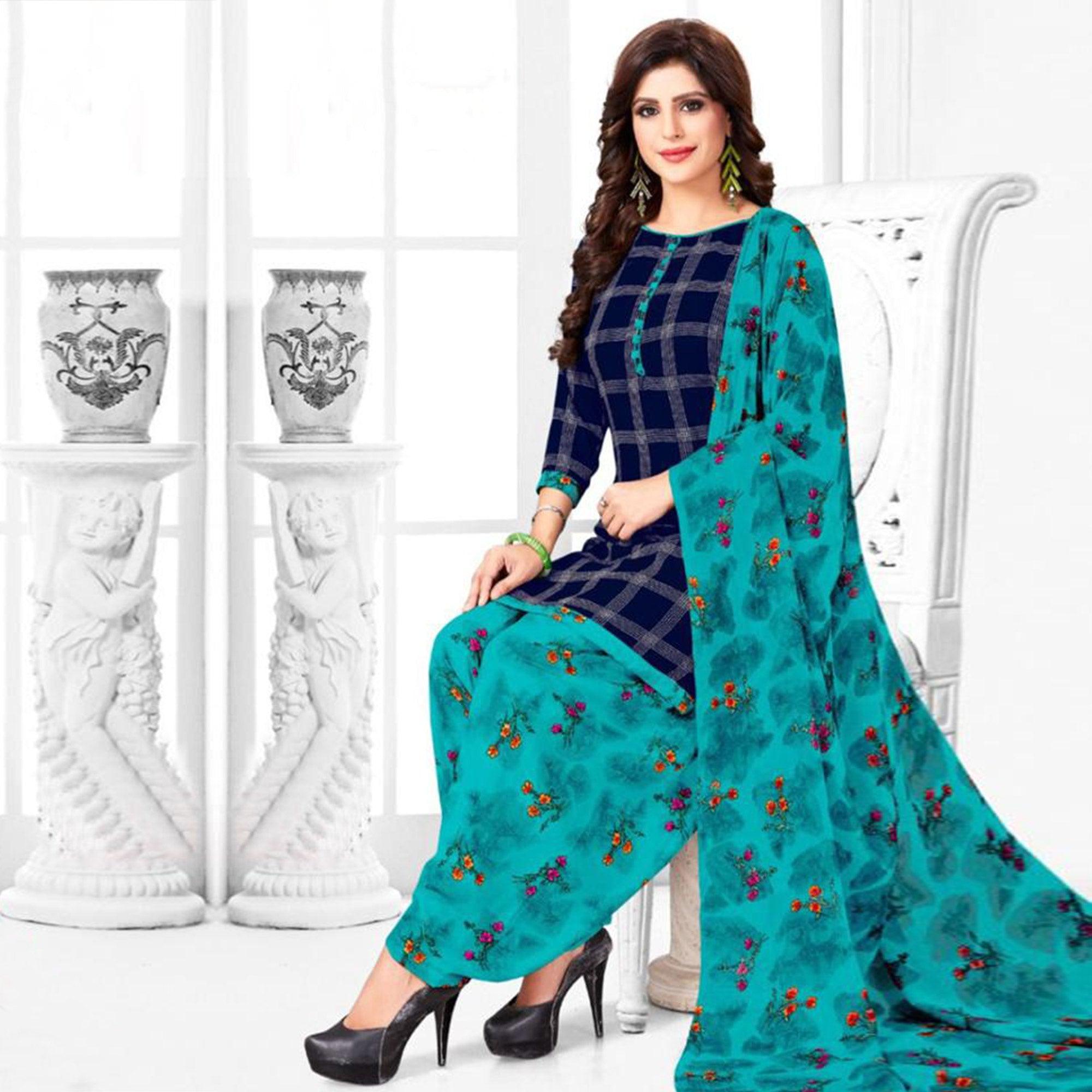 Wine And Blue Patiala Crepe Dress Material Pack Of 2 - Peachmode