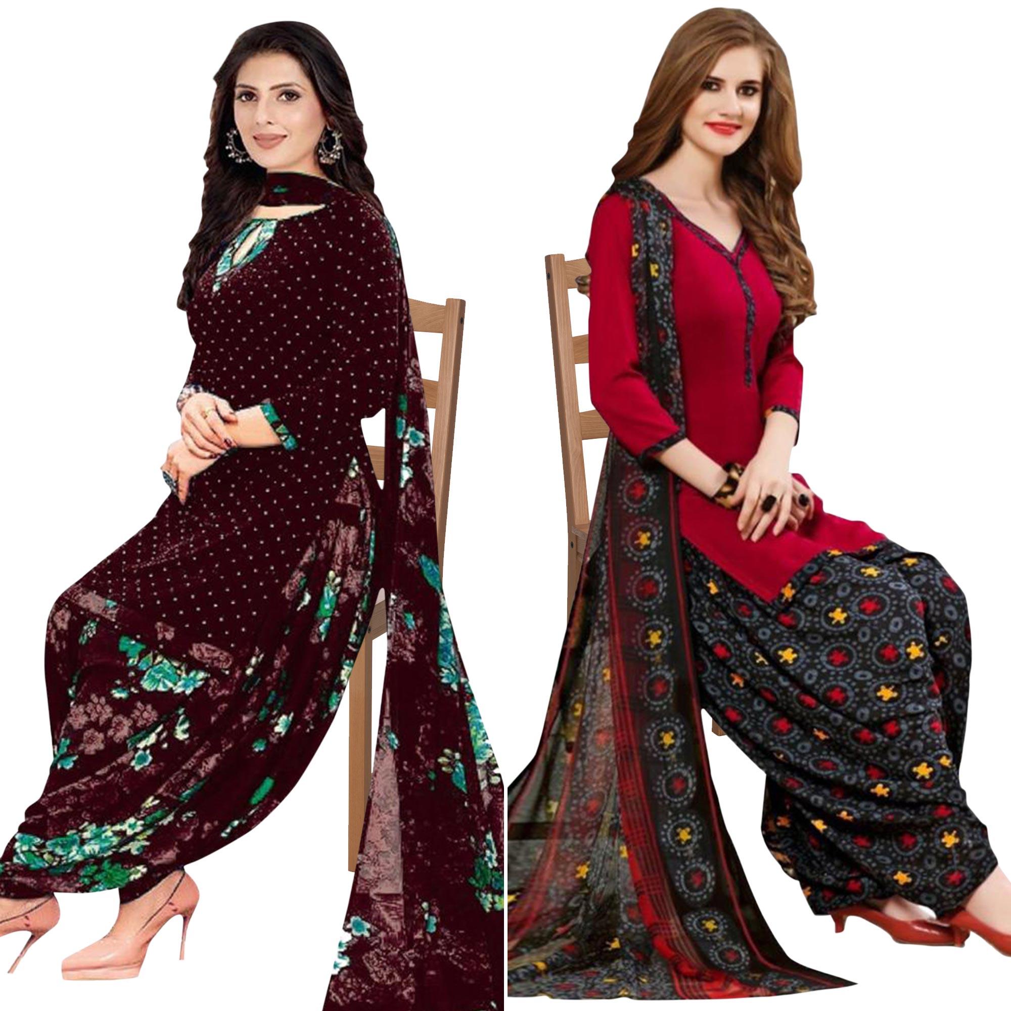 Wine And Red Patiala Crepe Dress Material Pack Of 2 - Peachmode