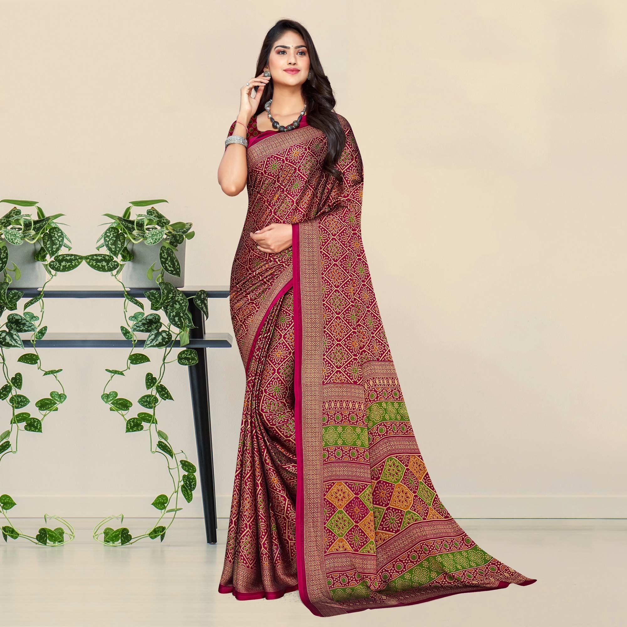 Wine Bandhani Printed Chiffon Saree - Peachmode