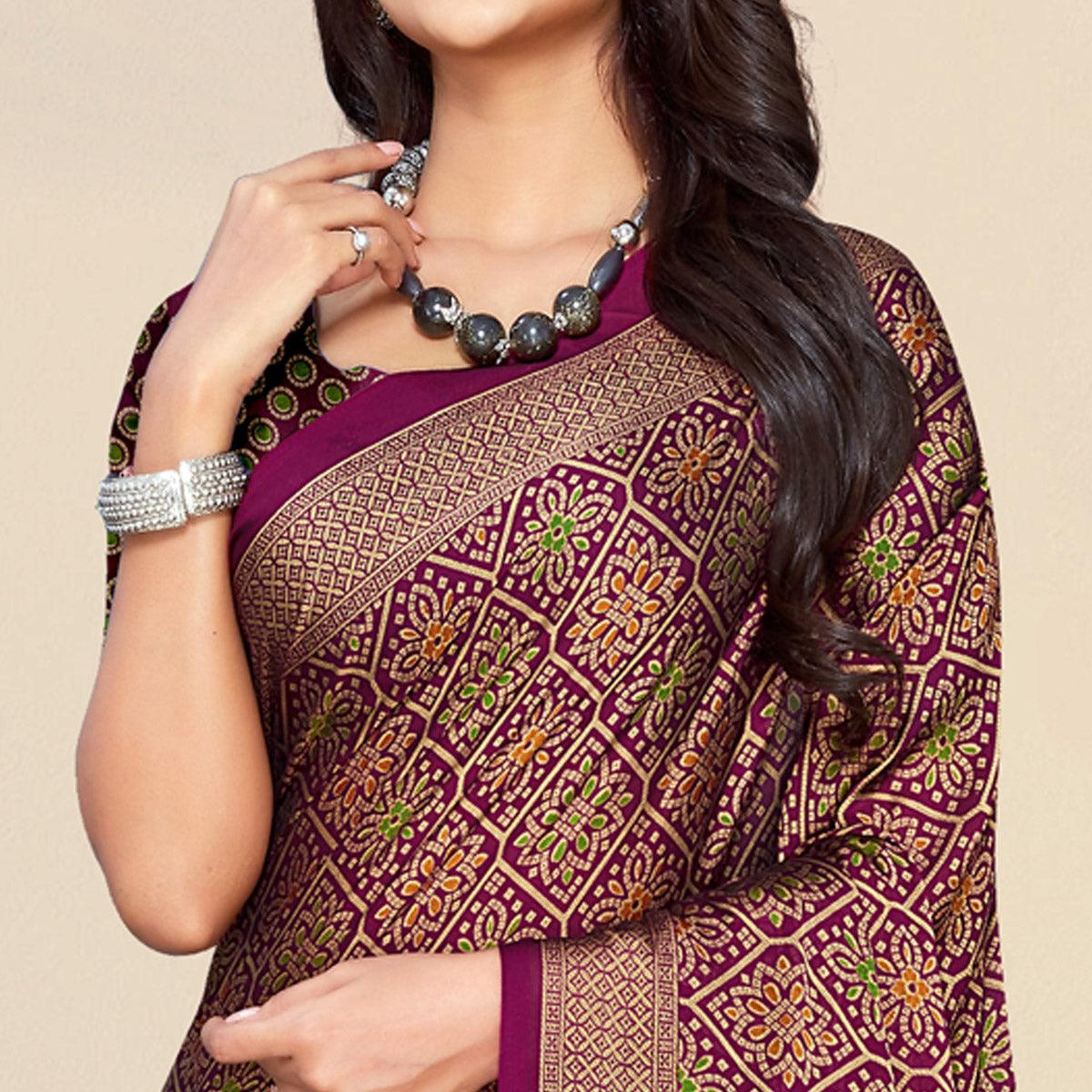 Wine Bandhani Printed Chiffon Saree - Peachmode