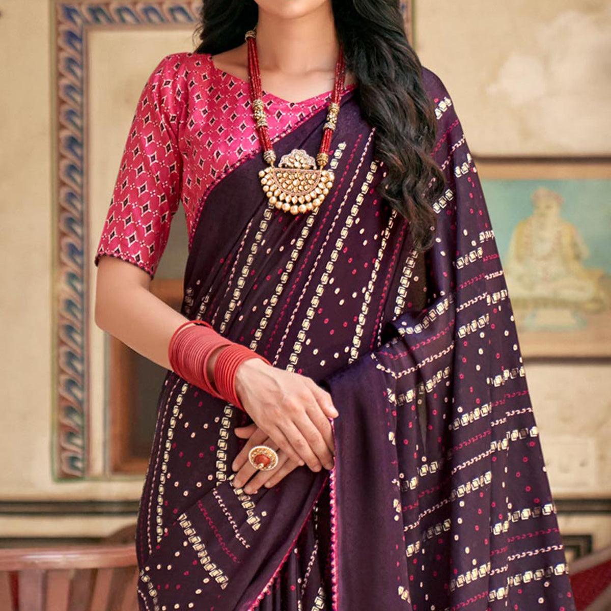 Wine Bandhani Printed Chiffon Saree With Tassels - Peachmode